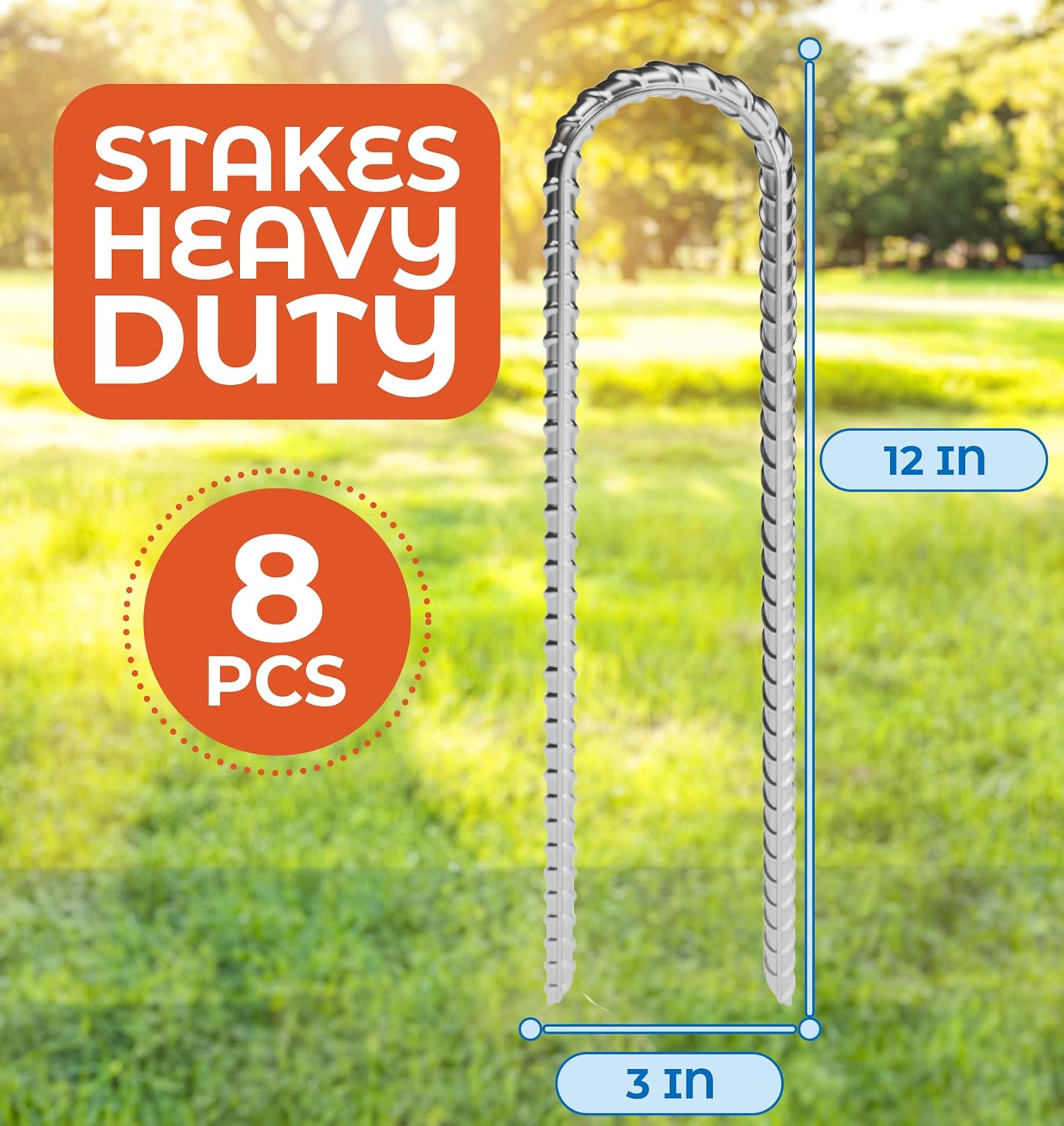 Happin® 12 Inch Trampoline Anchors, Trampoline Stakes, Ground Stakes Heavy Duty, Ground Anchors Screw in, Trampolines Accessories, Tent Anchors, Yard Spikes, Galvanized Steel (8 Pack, Silver)