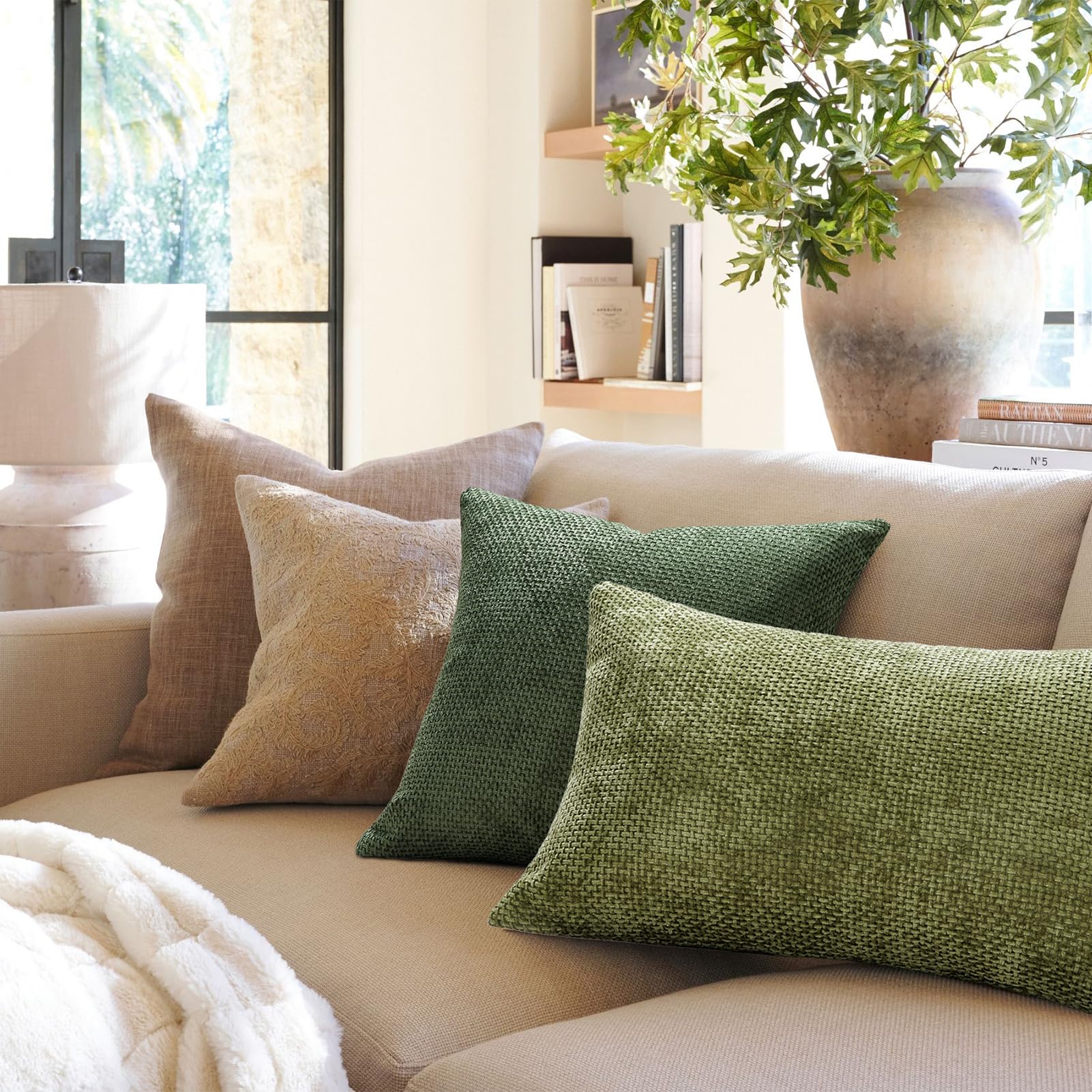 Topfinel Kissenbezug 40x40 Kissenbezüge Grün 4er Set Chenille Kissenhülle Sofakissen Dekokissen Zierkissenhülle Dekokissenbezug Rattan Webstil Design für Sofa Wohnzimmer Schlafzimmer Balkon Kinder