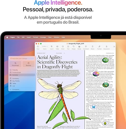 Interface do sistema macOS aberta com recurso de Apple Intelligence auxiliando na edição de texto