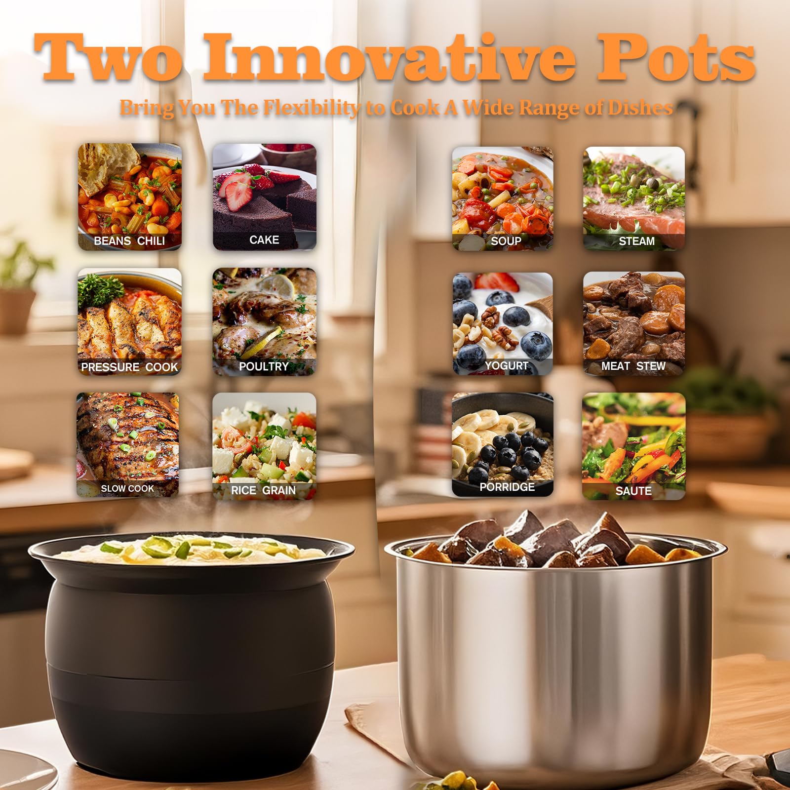 Olla eléctrica a presión de 6 cuartos de galón, olla multifunción 12 en 1 con ollas de acero inoxidable 304 y cerámica, olla a presión, sopa, gachas, yogur, estofado de carne, arroz, aves, 2