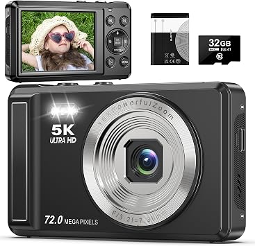 5K Digital Camera with 16X Zoom, 2.8" Screen Compact Portable Vlogging Camara with 32GB, 72MP UHD Digital Cameras for Photography