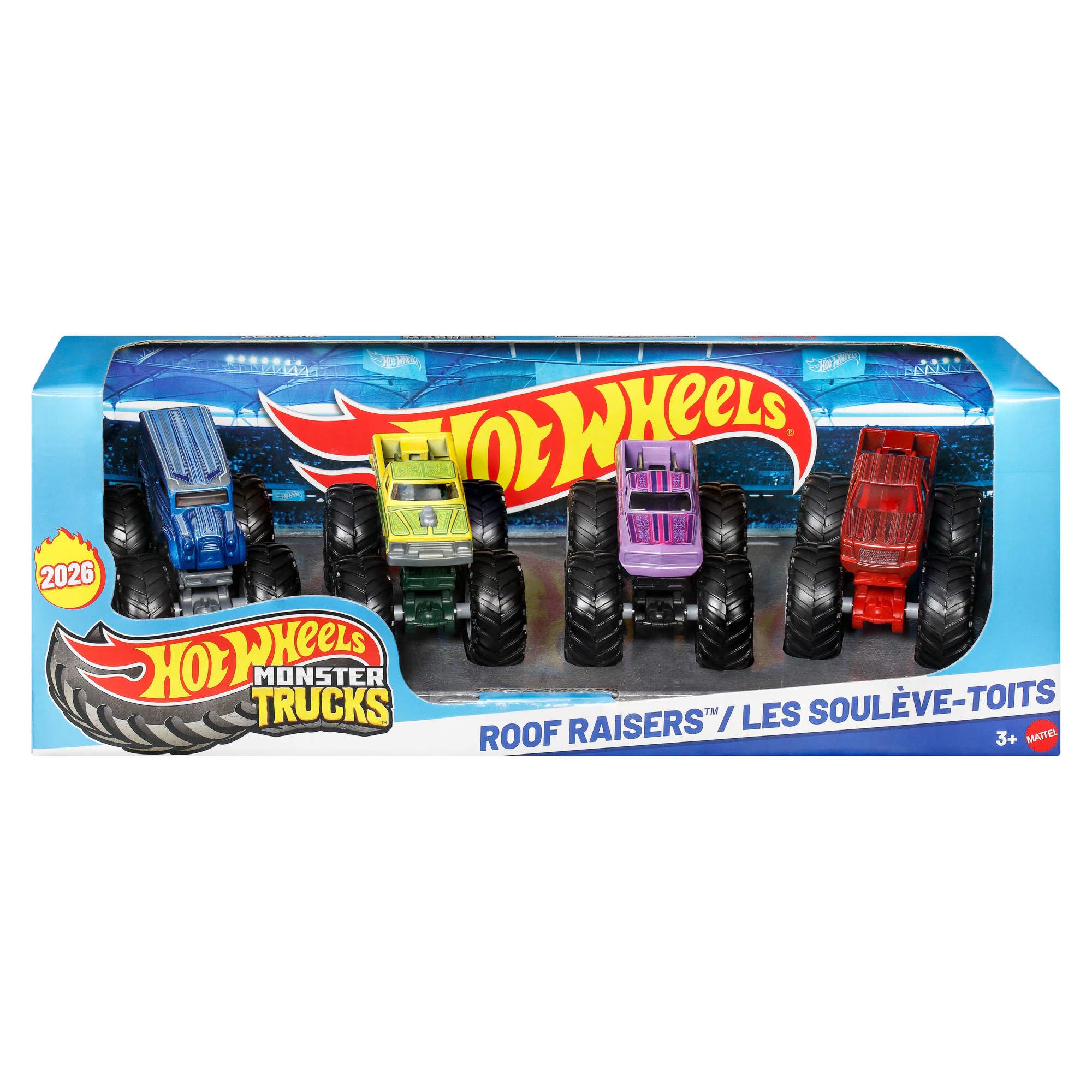 Hot Wheels Monster Trucks 4-Pack, Set of 4 1:64 Scale Toy Vehicles with Giant Wheels (Styles May Vary), JJT68
