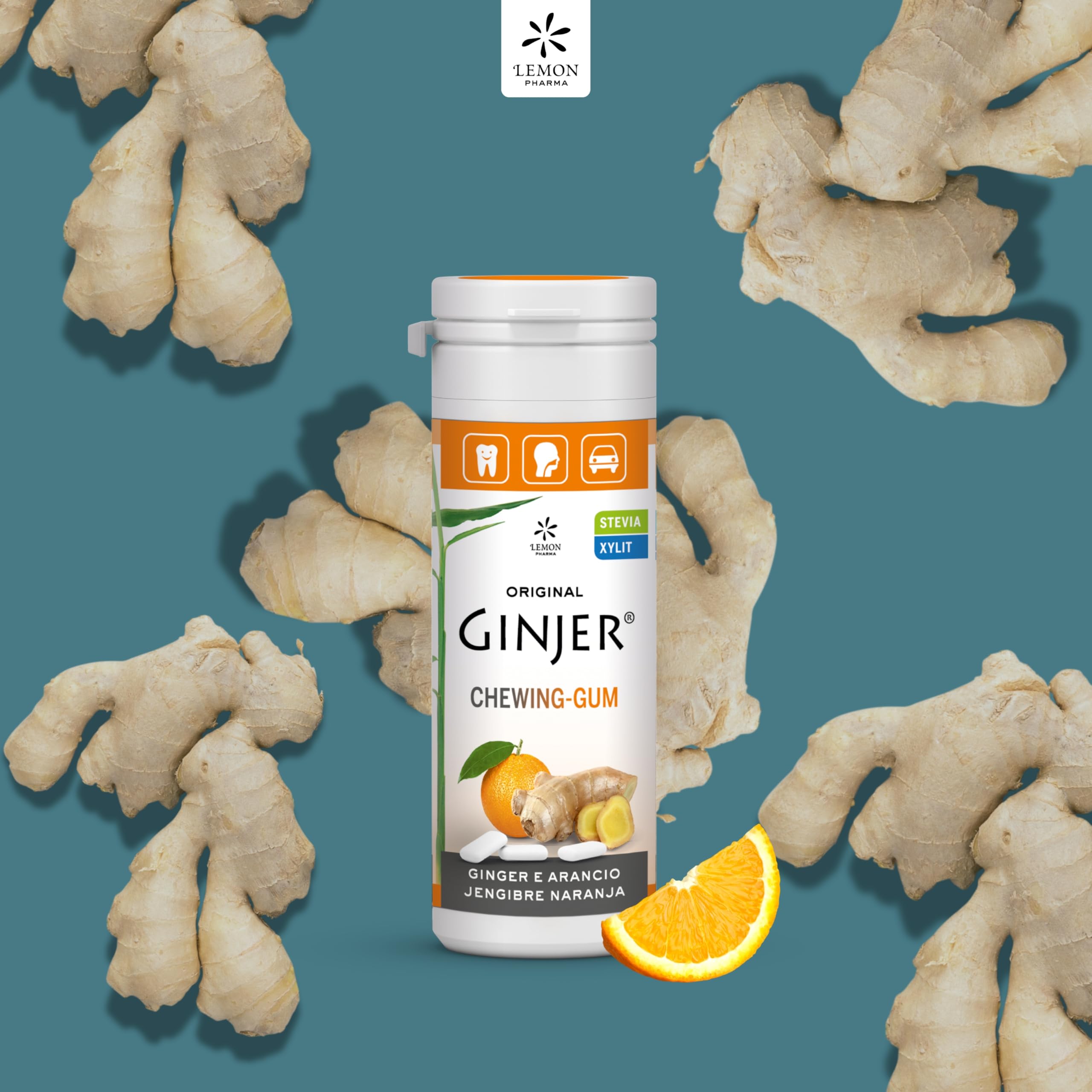 Lemon Pharma GINJER® Chicles de Jengibre-Naranja 30 g goma de mascar vegana sin azúcar
