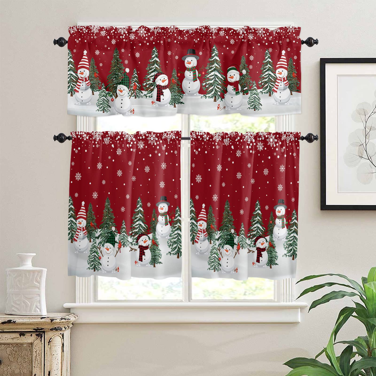 Christmas Snowman Kitchen Curtains, Kitchen Curtains and Valances Set Tier Curtains, Winter Xmas Holiday Valances for Windows, Xmas Tree Rod Pocket Short Curtains for Bathroom Living Room Cafe, 3pcs