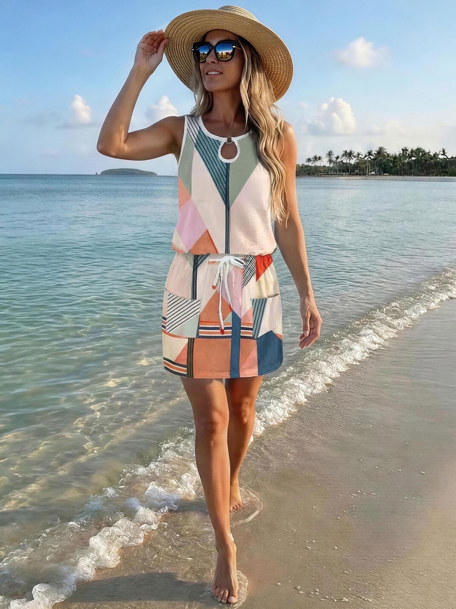 Vestido corto de verano para mujer, casual, holgado, sin mangas, cuello redondo, cordón en la cintura y bolsillos