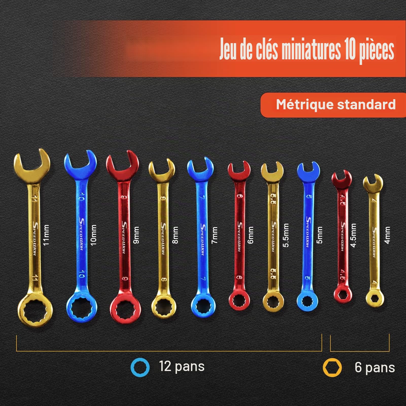 SPEEDWOX Lot de 10 mini clés mixtes métriques et SAE plaquées couleur à bout ouvert et à bout carré, avec pochette portable et grand anneau (4 à 11 mm)