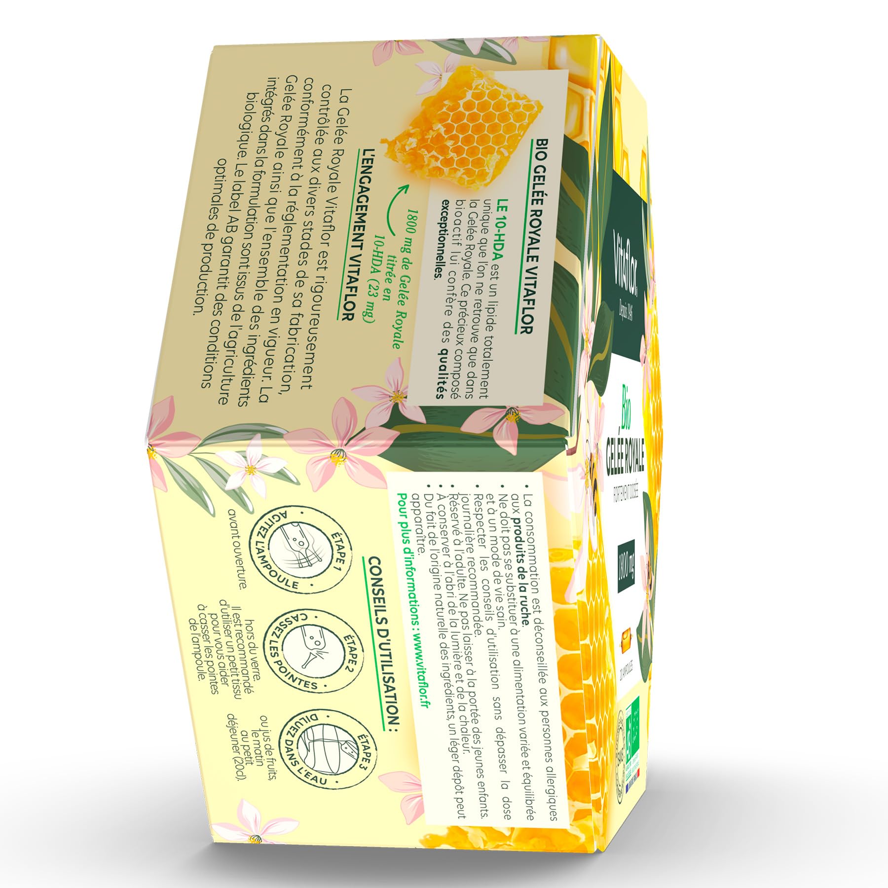 Gelée Royale Bio 1800 mg | Boite de 20 Ampoules | Haute Teneur en Acides Aminés, Minéraux et Vitamines | Programme de 20 jours | Vitaflor