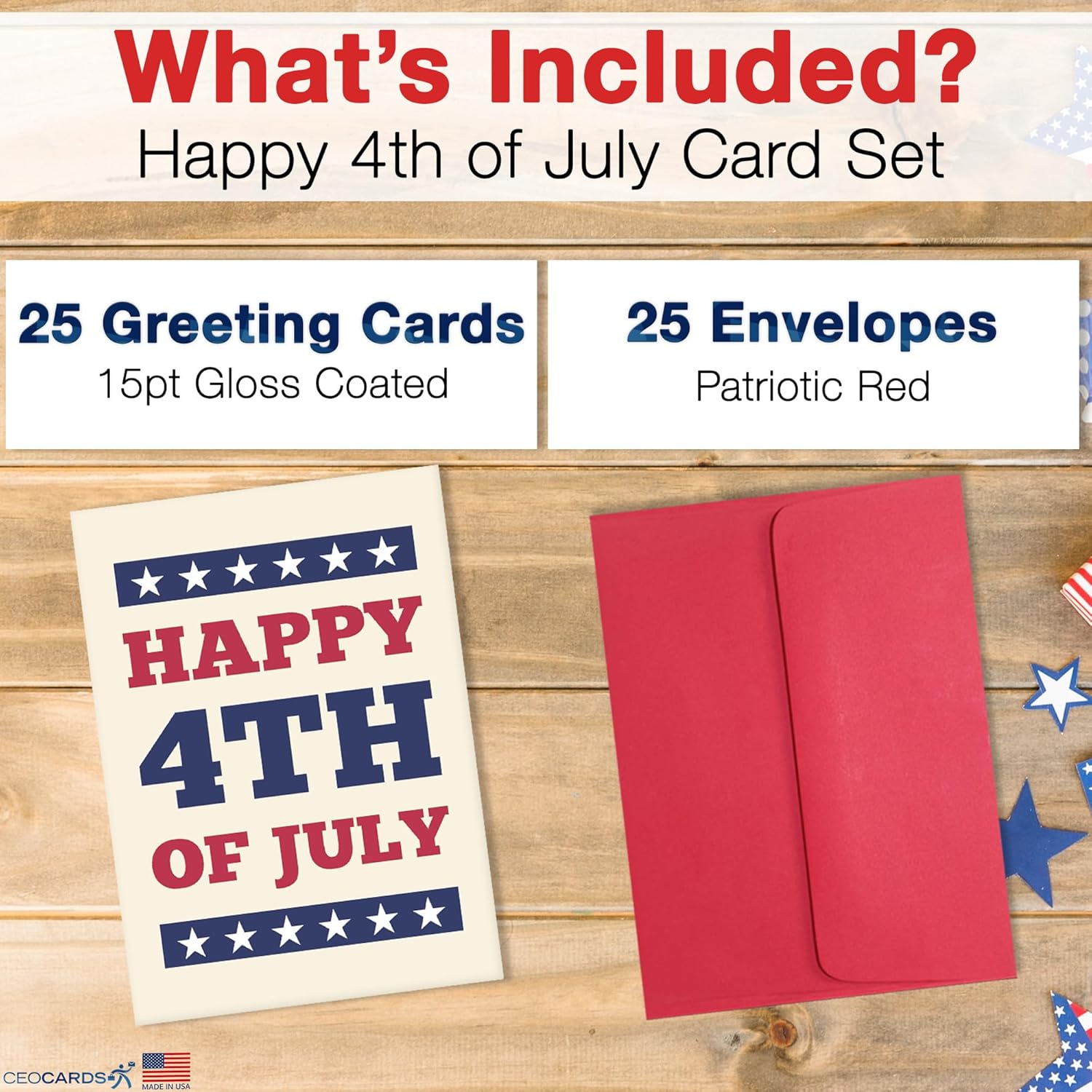 Independence Day Cards for Family & Business (Patriotic Cheers) Happy 4th of July Bulk Greeting Card Set Pack of 25 with Red Envelopes (5x7 inch - A7) Office, Work, Employees & Clients (JF2403)