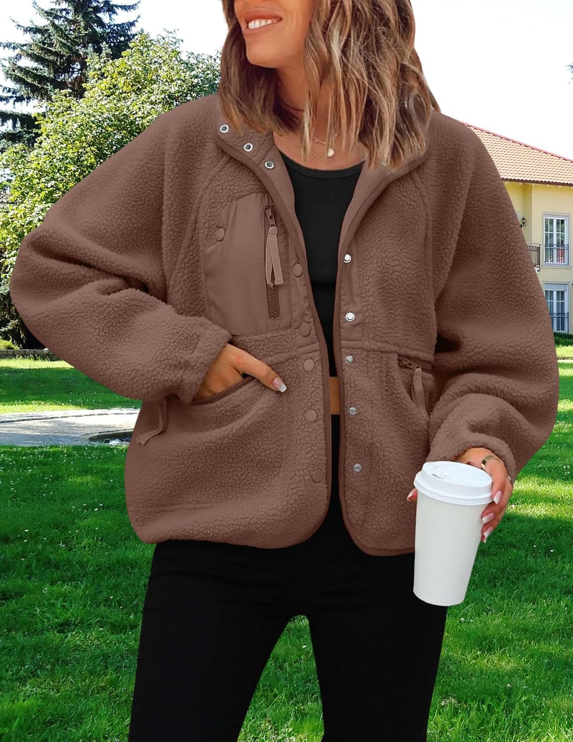 LIZALIG Women's Casual Cropped Sherpa Jacket - Lapel Button Down Fuzzy Fleece Winter Warm Coat with Pockets - Image 3