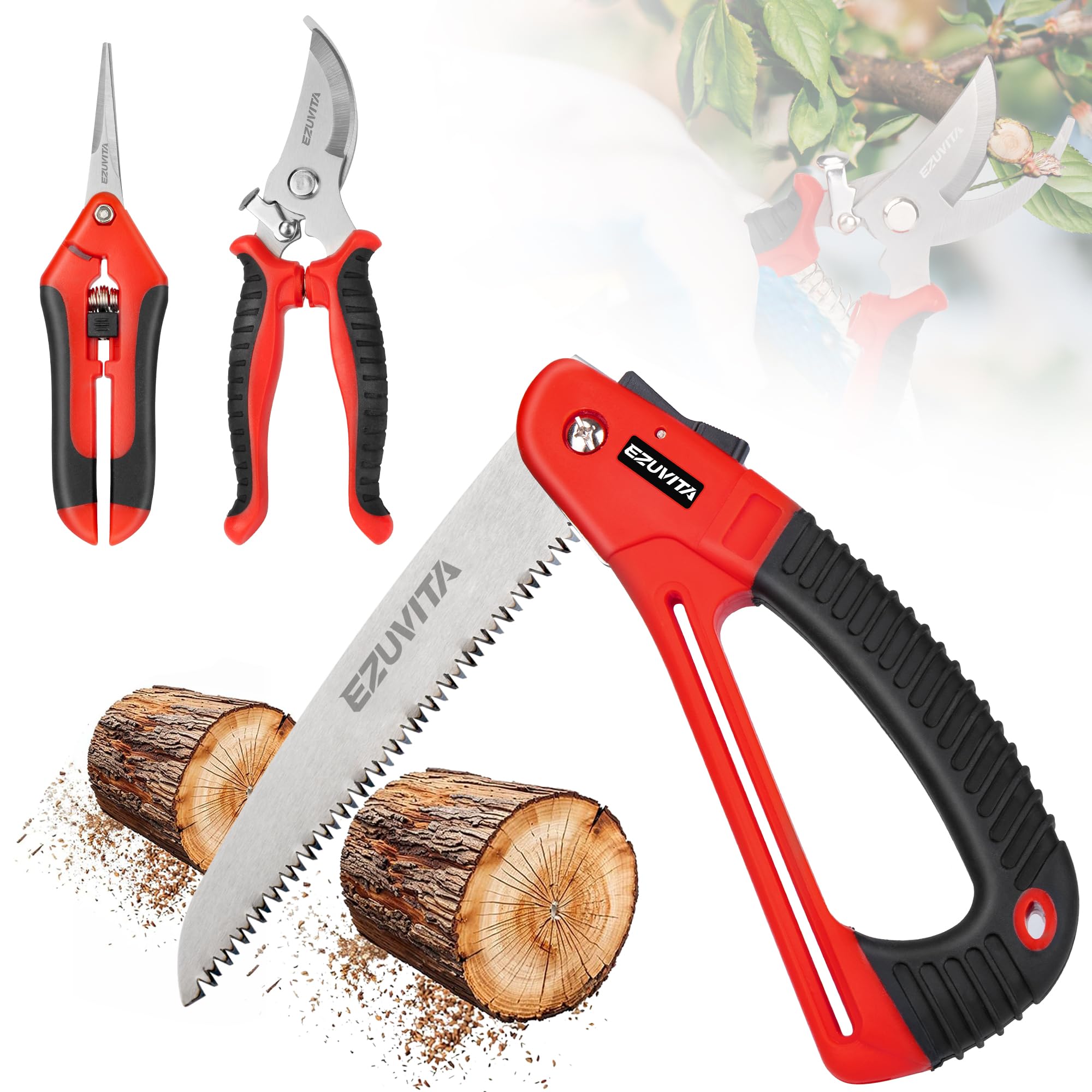 EZUVITA Pruning Saw 180mm with Secateurs & Pruning Scissors, Folding Hand Saw with Secure Lock, Triple Teeth, 7TPI, Soft Grip Tree Saw for Wood, Gardening, Camping, Bushcraft & More