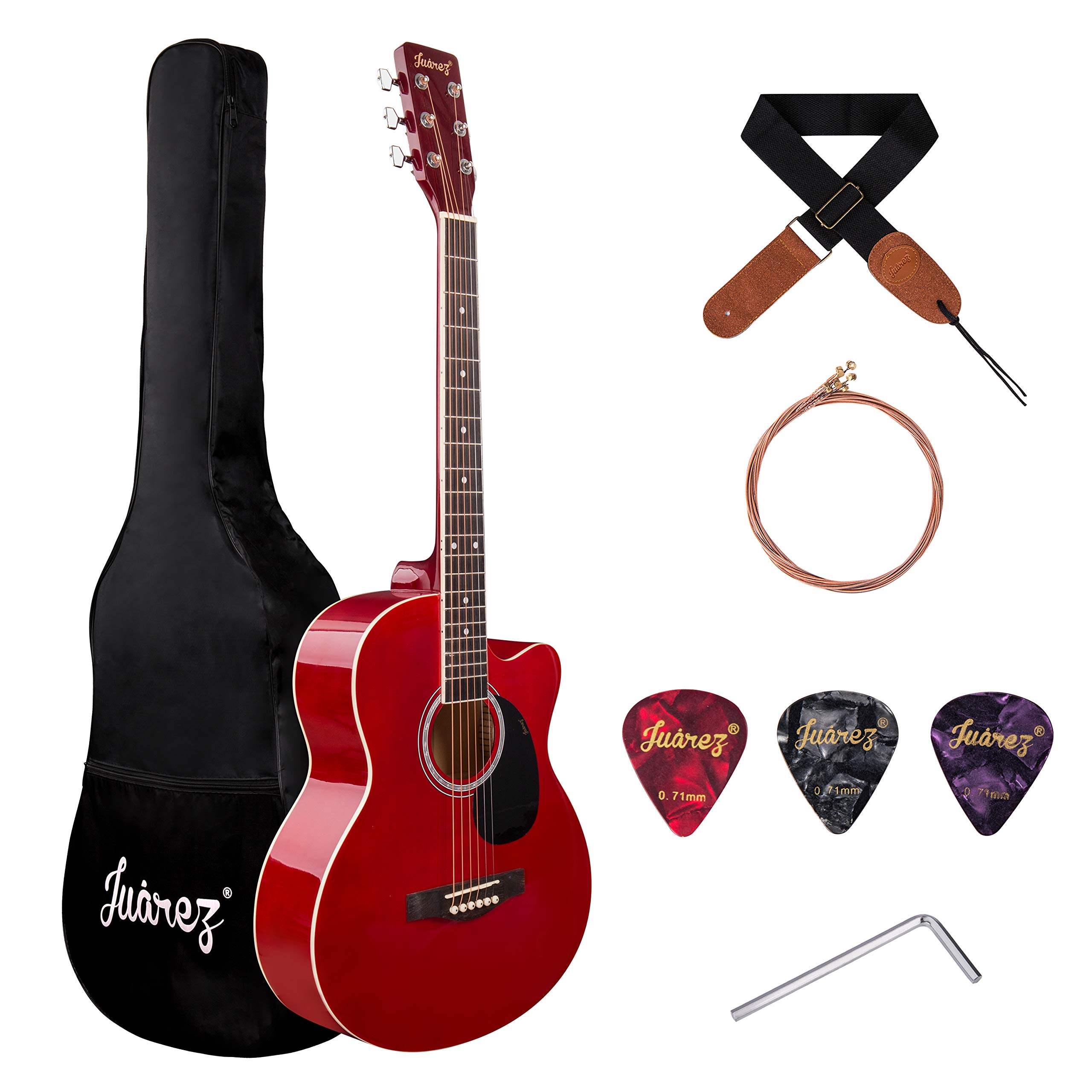 JUAREZ Arpeggio 39 Inch Acoustic Guitar Kit, JRA39SR-RD Spruce Top, Rosewood Fretboard & Bridge, Truss Rod, Chrome Die Cast Machine Tuners, Dark Red
