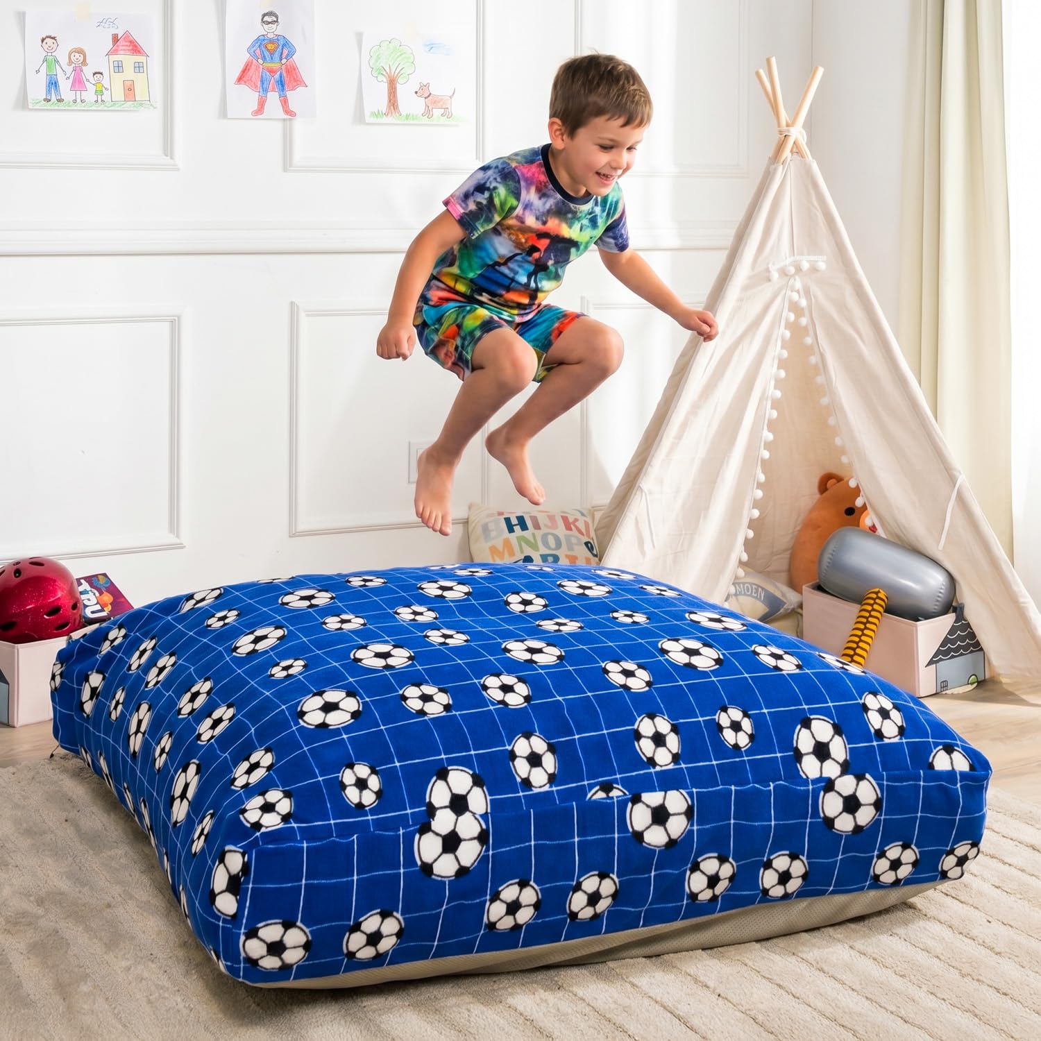 Matini Home Sensory Crash Pad - Non Slip Bottom, Soft Fabric Sensory Pads, Landing Mat for Jumping, Relaxing &amp; Play - 48" x 72", Blue Soccer Ball
