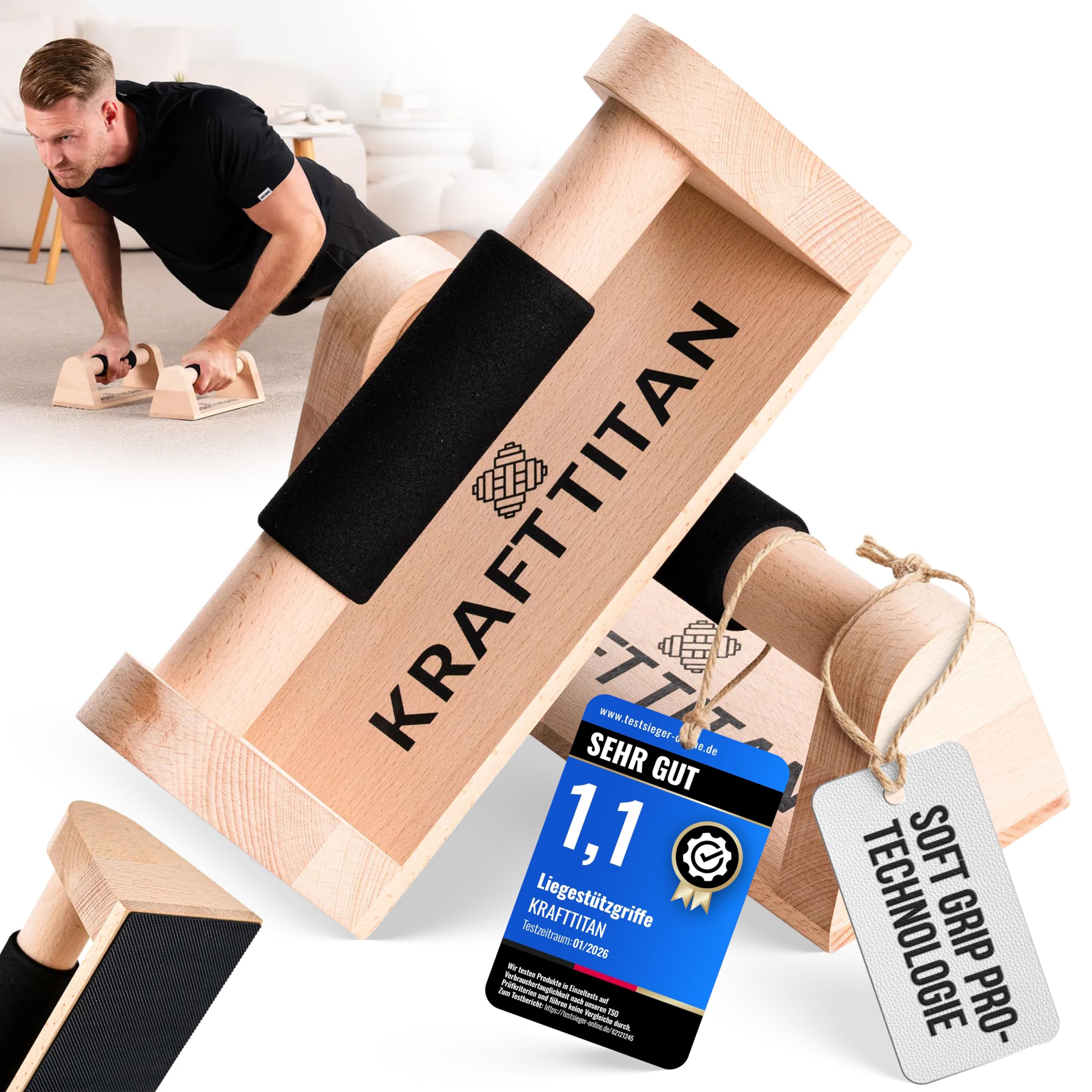 Premium Liegestützgriffe aus Holz [Extrem rutschfest und stabil] mit Soft Grip Griff | Parallettes | Ergonomische und gelenkschonende Handstand Griffe | Calisthenics Equipment