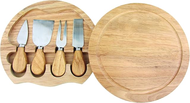 apollo THE HOUSEWARES BRAND Cheese Board Set - inc Hidden Knife Tray - Wooden Handle Knives & Fork - Quality Hevea Wood - Size 21x3.5cm