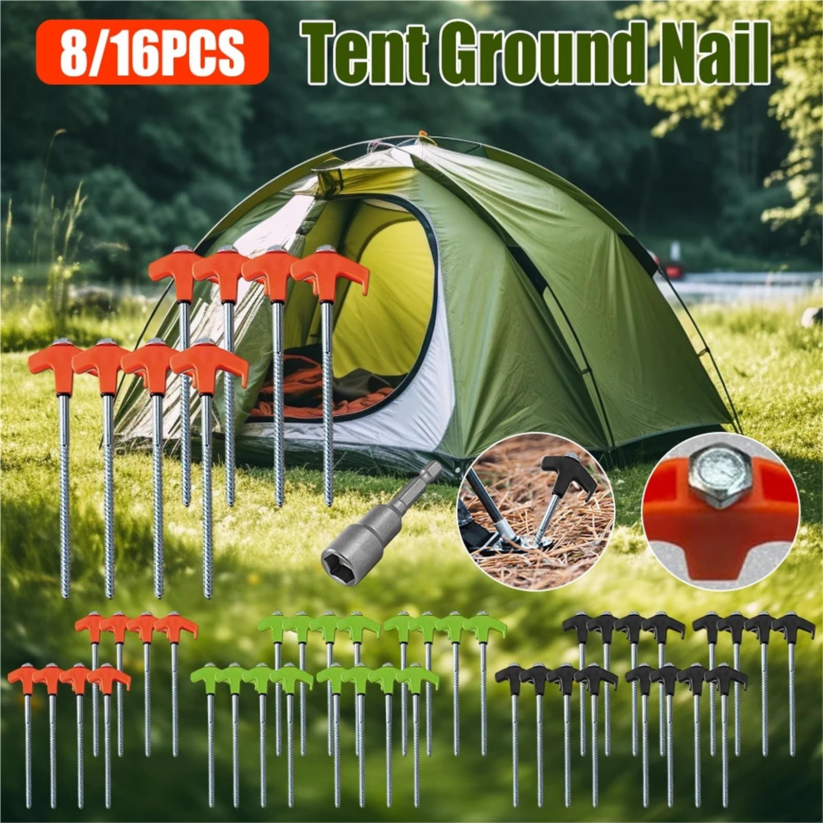 Piquetas Camping 8/16PCS Camping Pegs Tent Ground Nails Drill In with Hex Socket Stakes Anchors Equipment(8PCS Black)