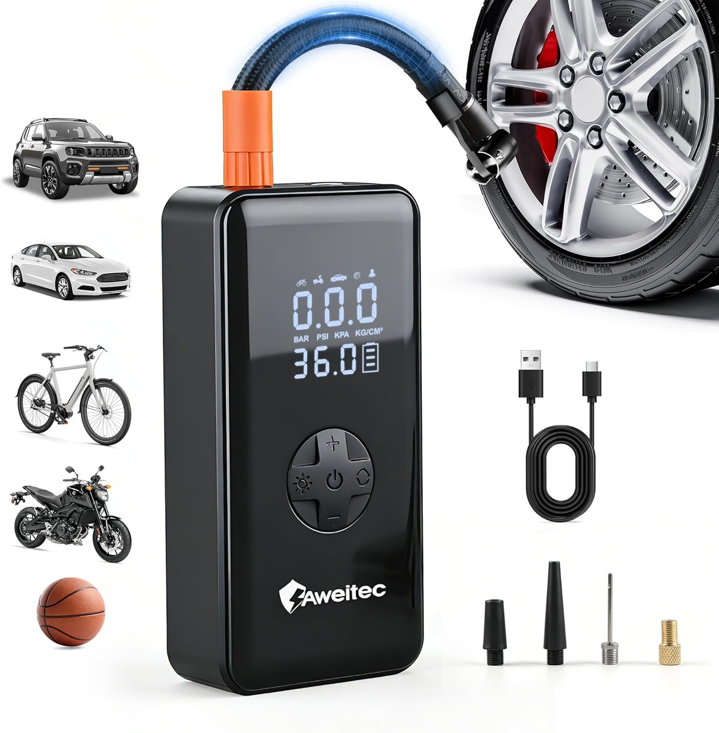 Cordless Tire Inflator – Portable Air Compressor with Digital Display, 1500mAh Battery, 150PSI Max, 32L/Min Fast Inflation, 3-in-1 LED Light (SOS/Flash), USB-C Charging