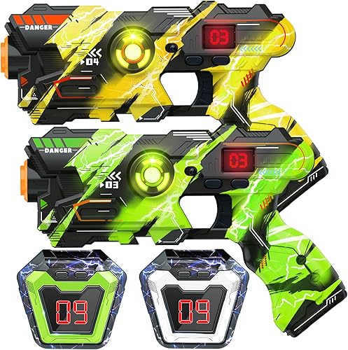 Juego de 2 pistolas láser con pantalla LED digital y chalecos para mostrar la puntuación, juguetes láser geniales para exteriores para niños de 8,