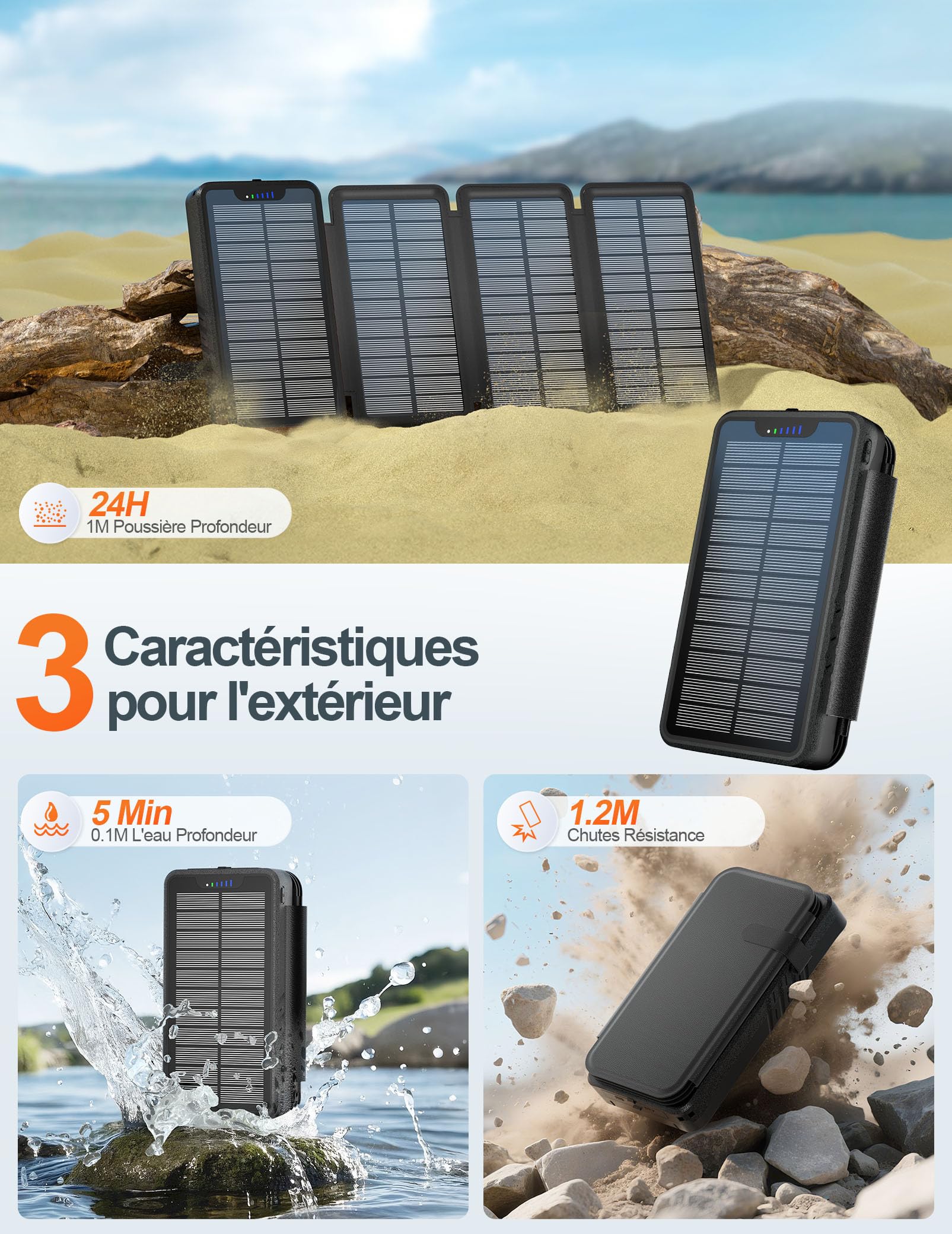 elzle Solaire Batterie Externe 26800mAh, 4 Panneau, Camping Extérieur | Imperméable, 4 Mode Lampe de Poche, 5V/2.1A, 5V/3.1A Sortie, 2 USB-A, 1 USB-C, 5W Solaire Entrée, pour Téléphones Tablettes