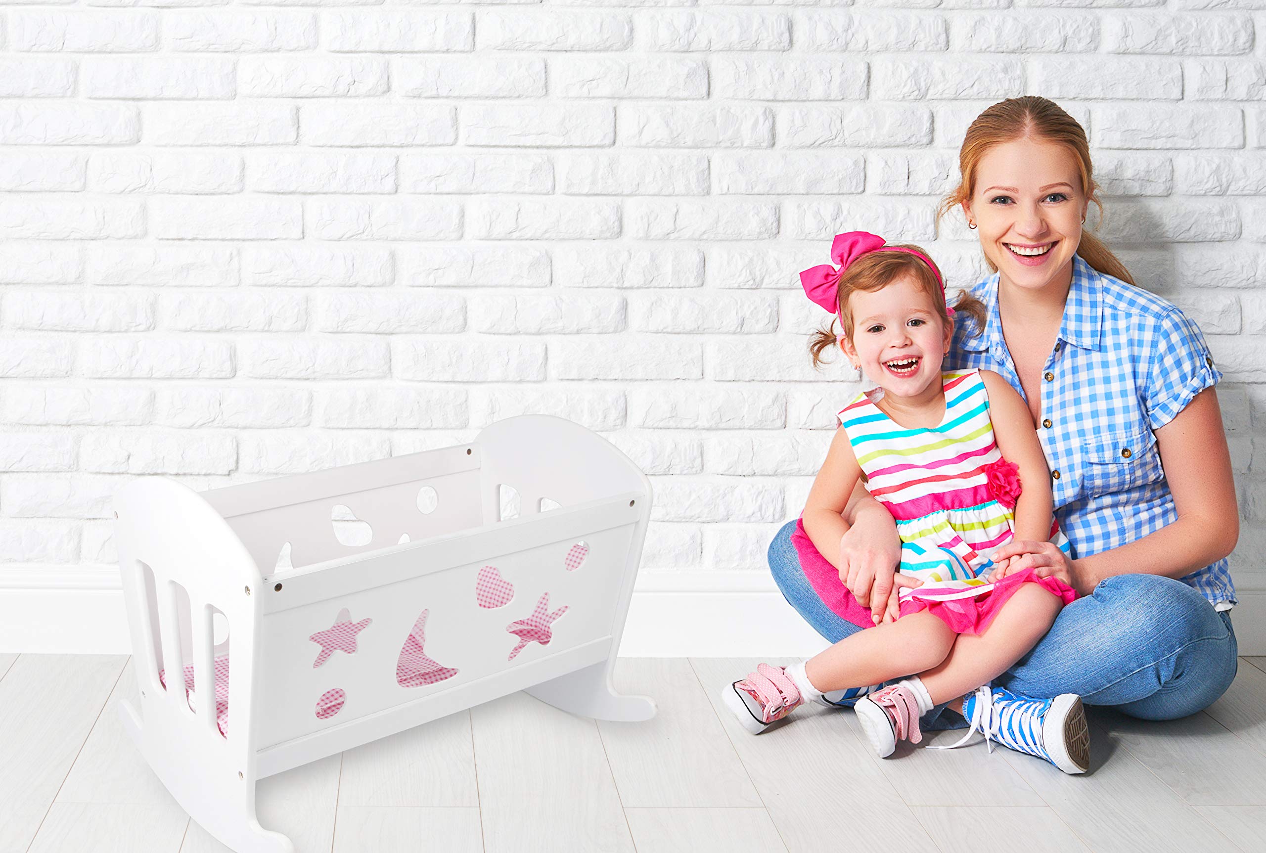 Small Foor 2852 berceau de poupée rêve en bois, avec couverture, oreiller et matelas, à partir de 3 ans, Blanc/Rose