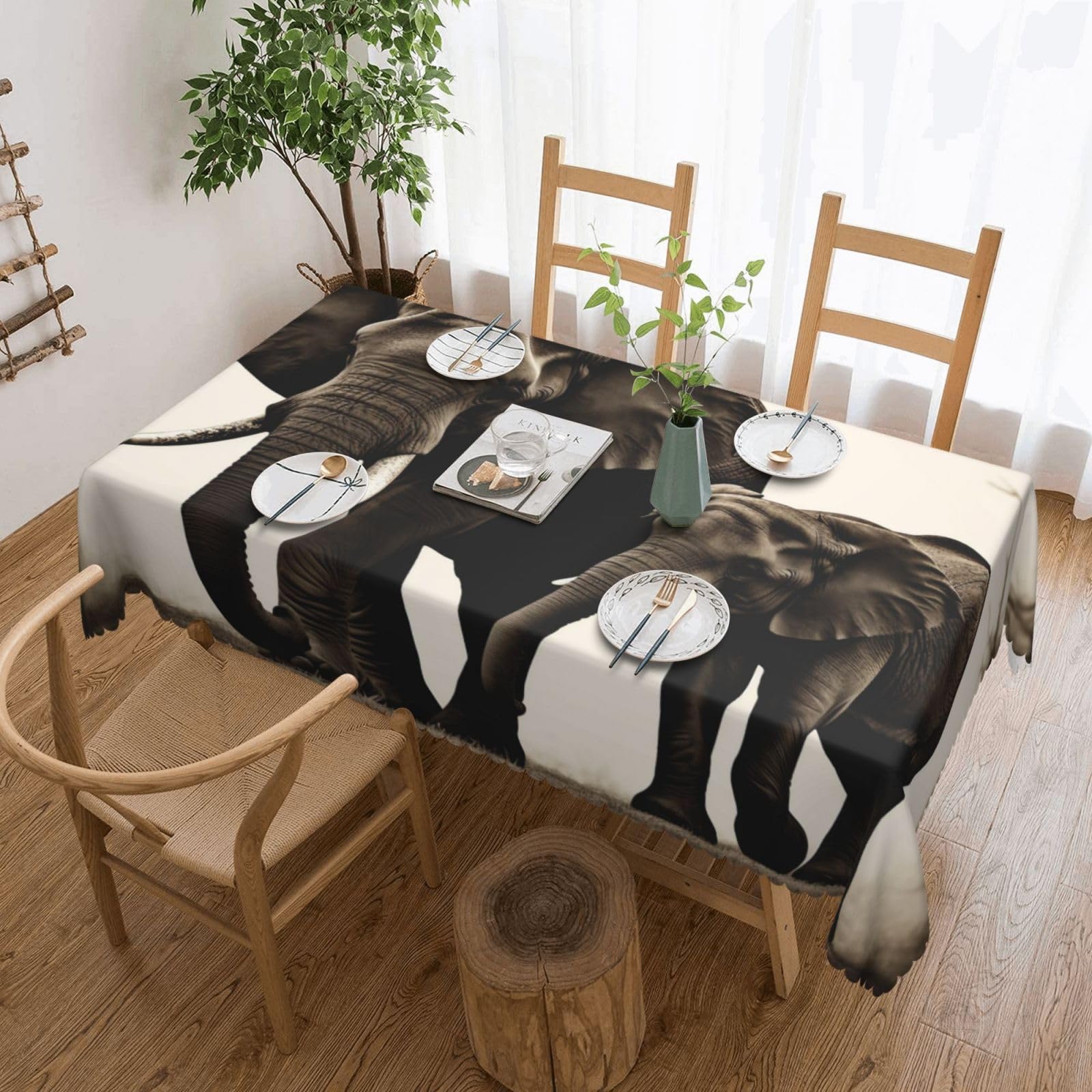 WPKJU Old Elephant and Young Elephant Printed Rectangle Tablecloth 72x54 Inch with Lace Trim, Water-Resistant Washable Table Cover for Farmhouse Weddings, Outdoor Picnics & Holiday Dining