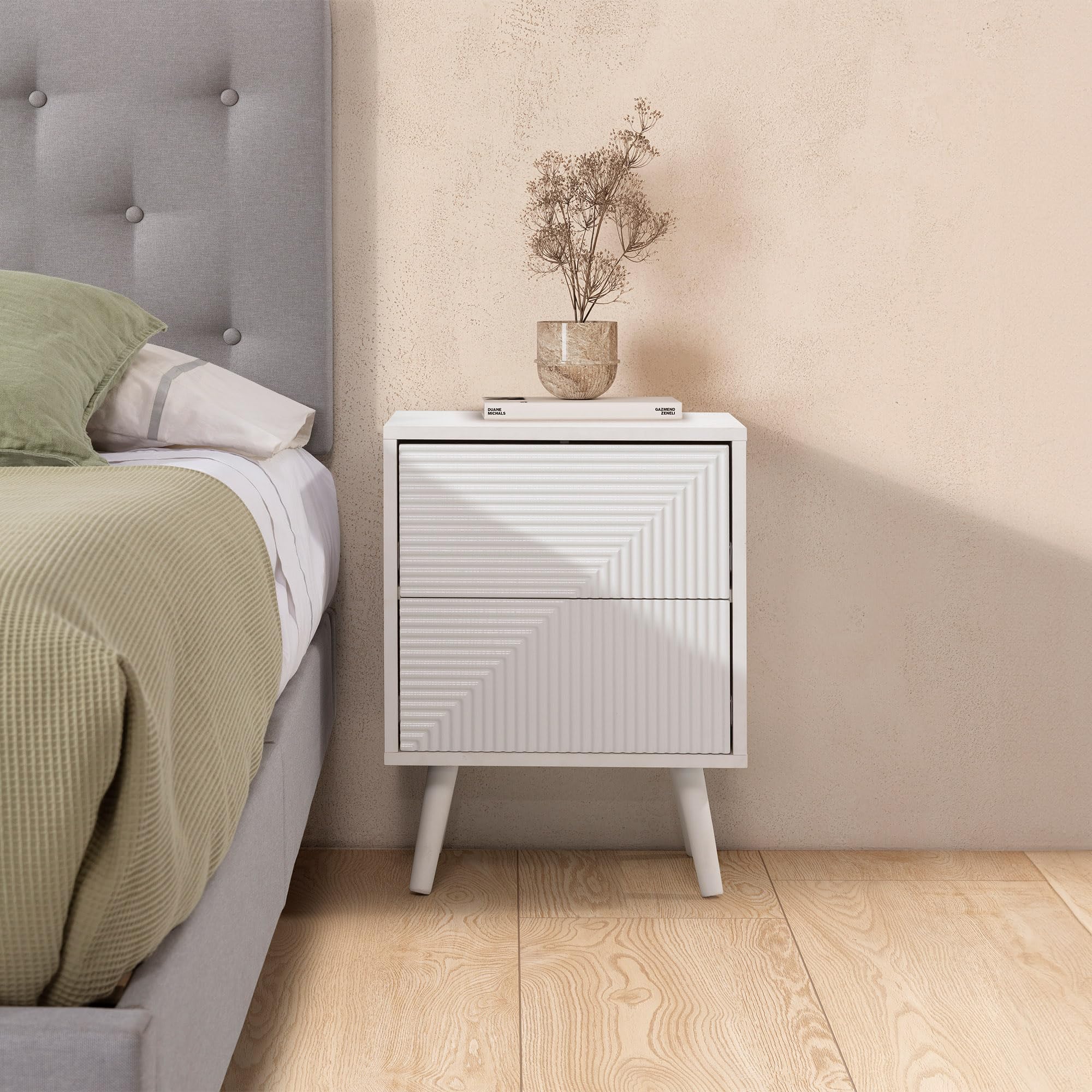HOMN LIVING Comodino Telmo 2 cassetti Colore Bianco, 40 cm (Larghezza) 30 cm (profondità) 55 cm (Altezza)