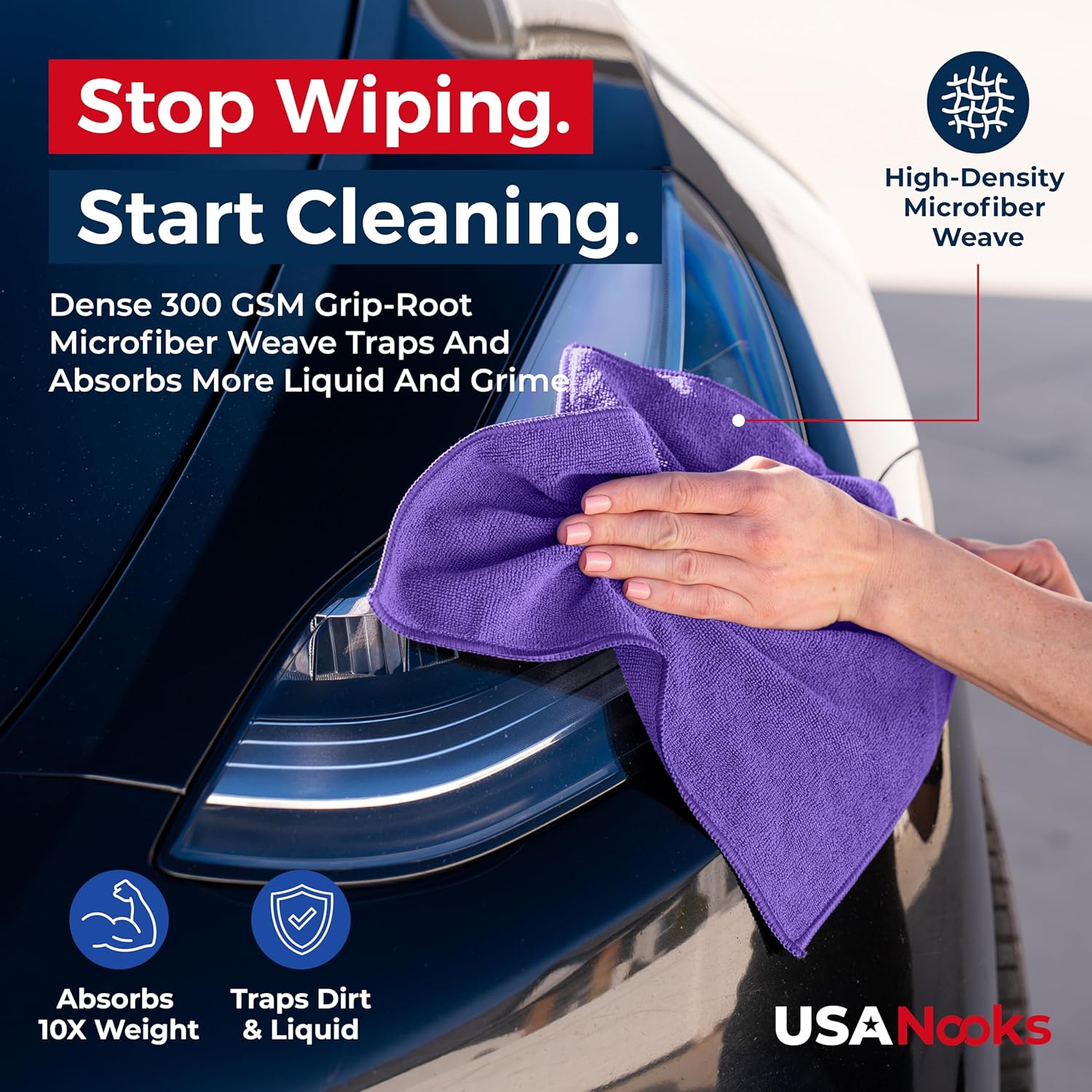 USANOOKS Premium 300GSM Microfiber Cleaning Cloth - 12.5"x12.5" High Performance - 1200 Washes, Ultra Absorbent Microfiber Towels for Cars Undercarriage, Rims & Engine Bay Cleaning - Microfiber Cloth