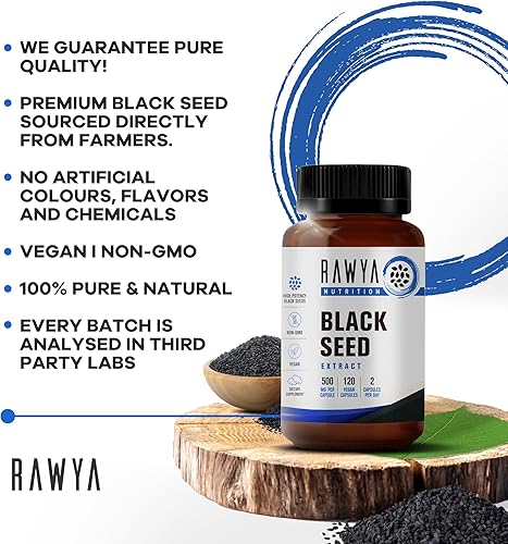Miniatura 6 de RAWYA Nutrition, Extracto de semilla negra, 120 cápsulas veganas, Nigella Sativa, polvo de semilla de comino negro, 500 mg cada cápsula, apoya el