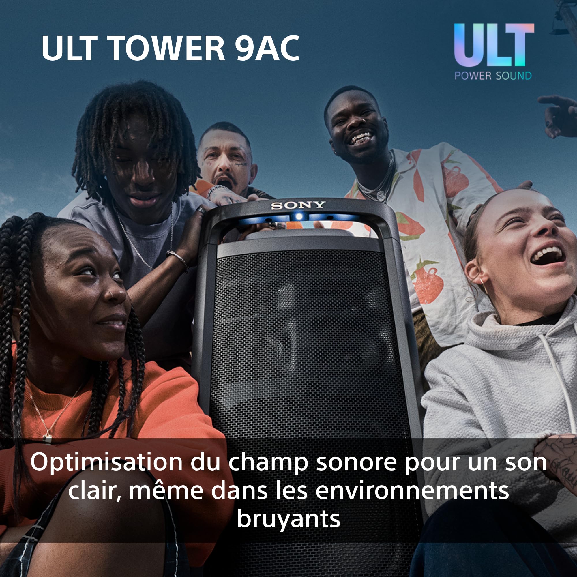 Sony ULT Tower 9AC - Enceinte Bluetooth Party Box Ultimate, Alimentation Secteur, 2 Modes ULT Power Sound, X-Balanced Speaker, 360° Lighting & Sound, entrées pour Karaoke - Noir