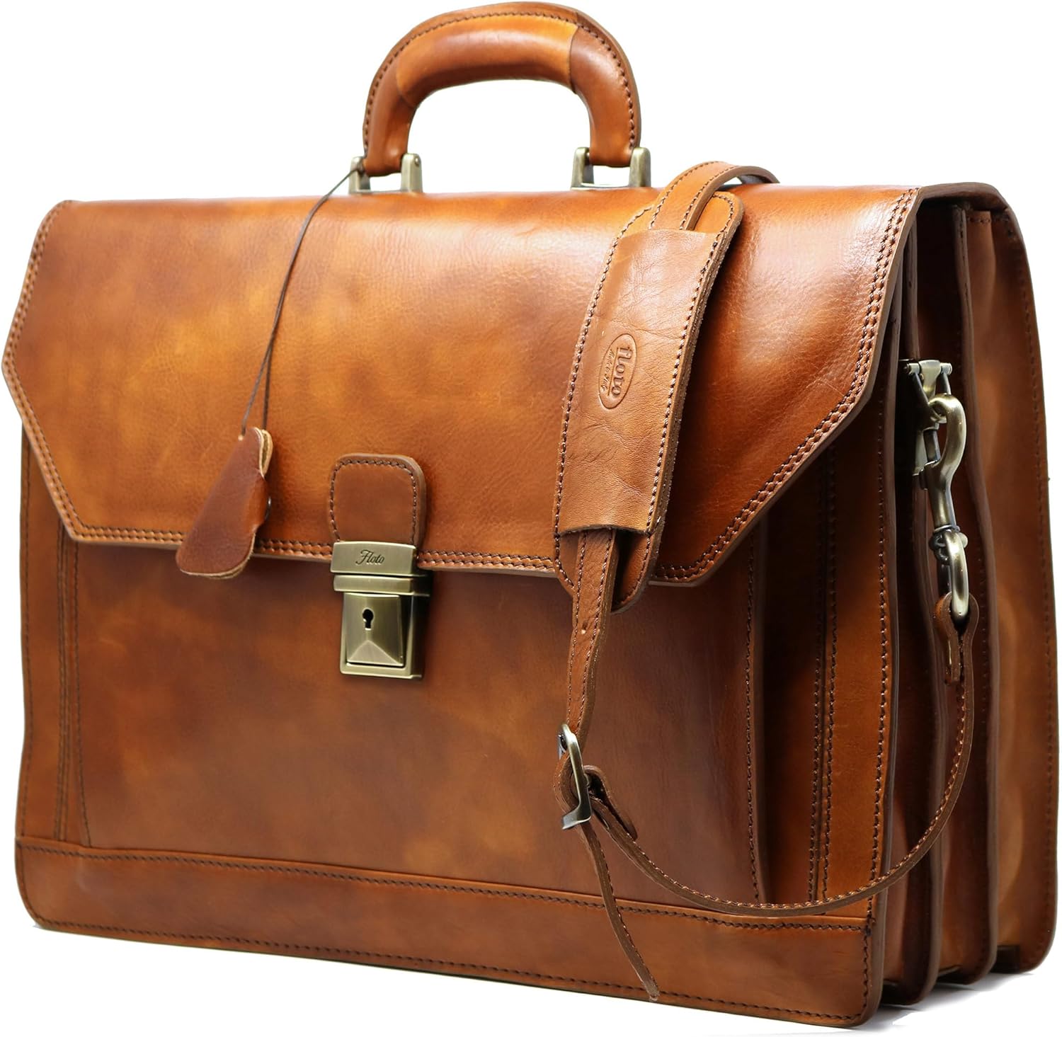 Floto Venezia Leather Briefcase Attache Laptop Bag in Tobacco Brown Men's
