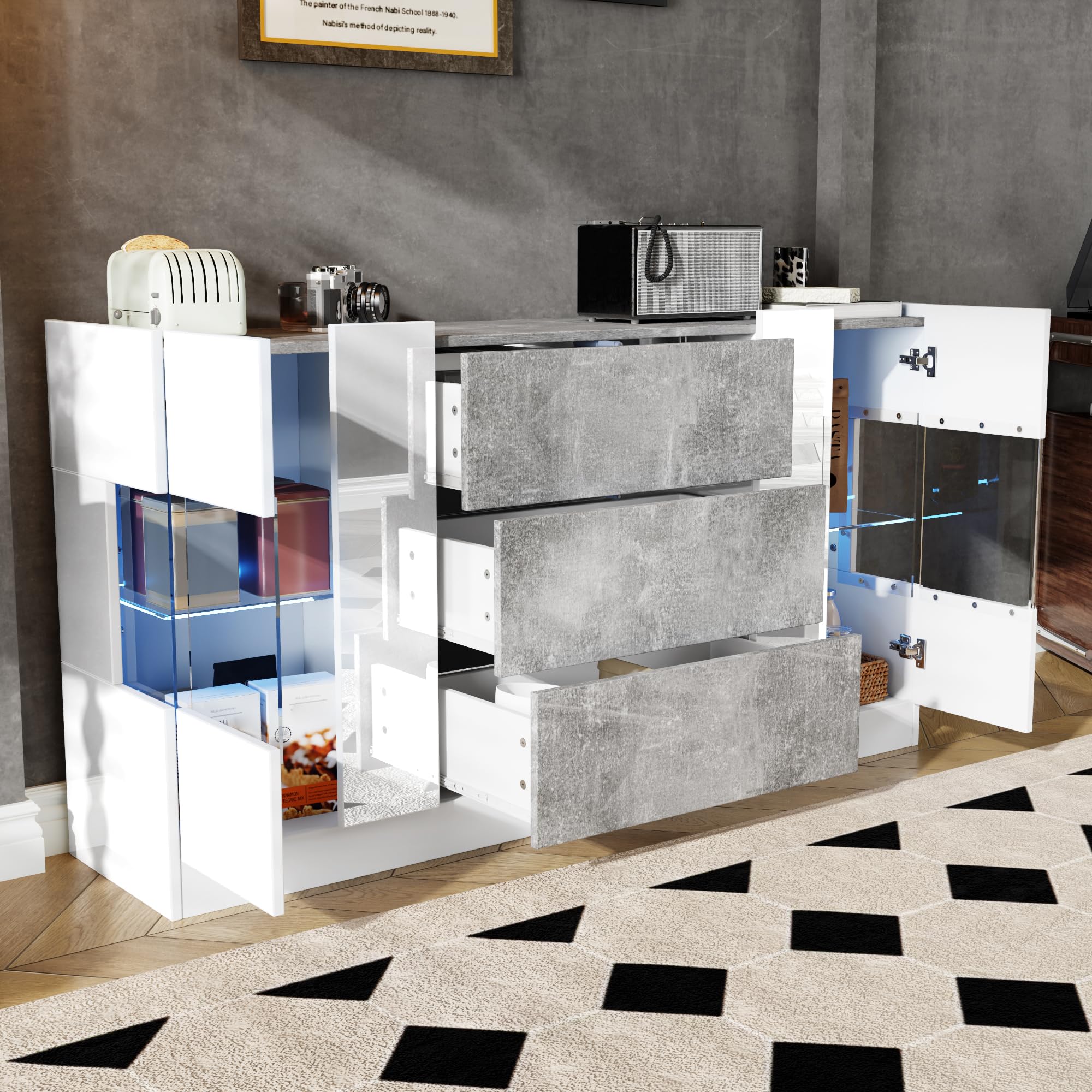 Azkoeesy Aparador 140 cm Vitrina LED Puertas Cristal 3 Cajones Mueble TV Buffet Gris Blanco Brillante