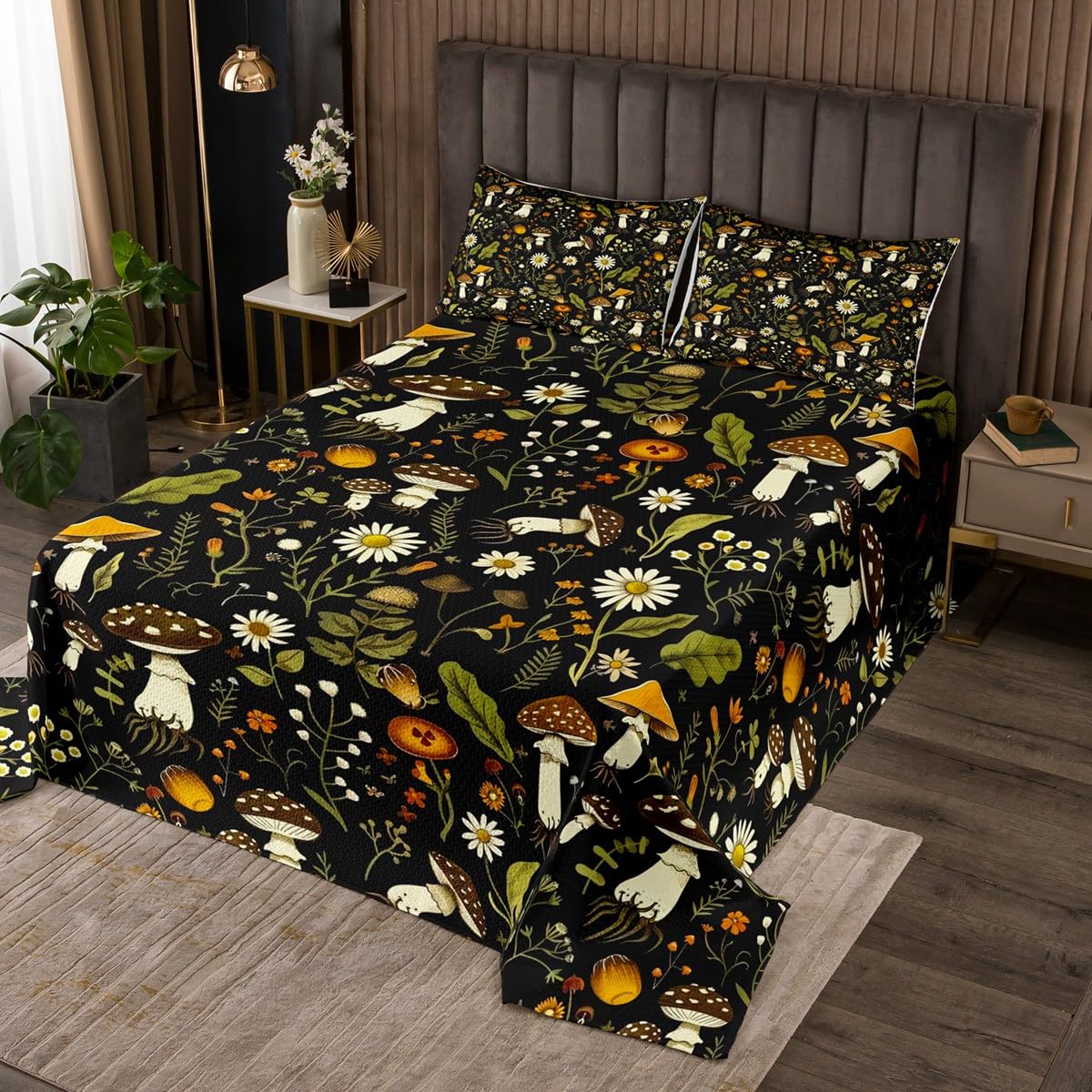 Feelyou Cute Mushroom Bedspread Kids Florl Pattern Quilted Coverlet for Boys Teens Cartoon Mushrooms Coverlet Set Breathable Botanical Leaves Black Brown Quilted King Size