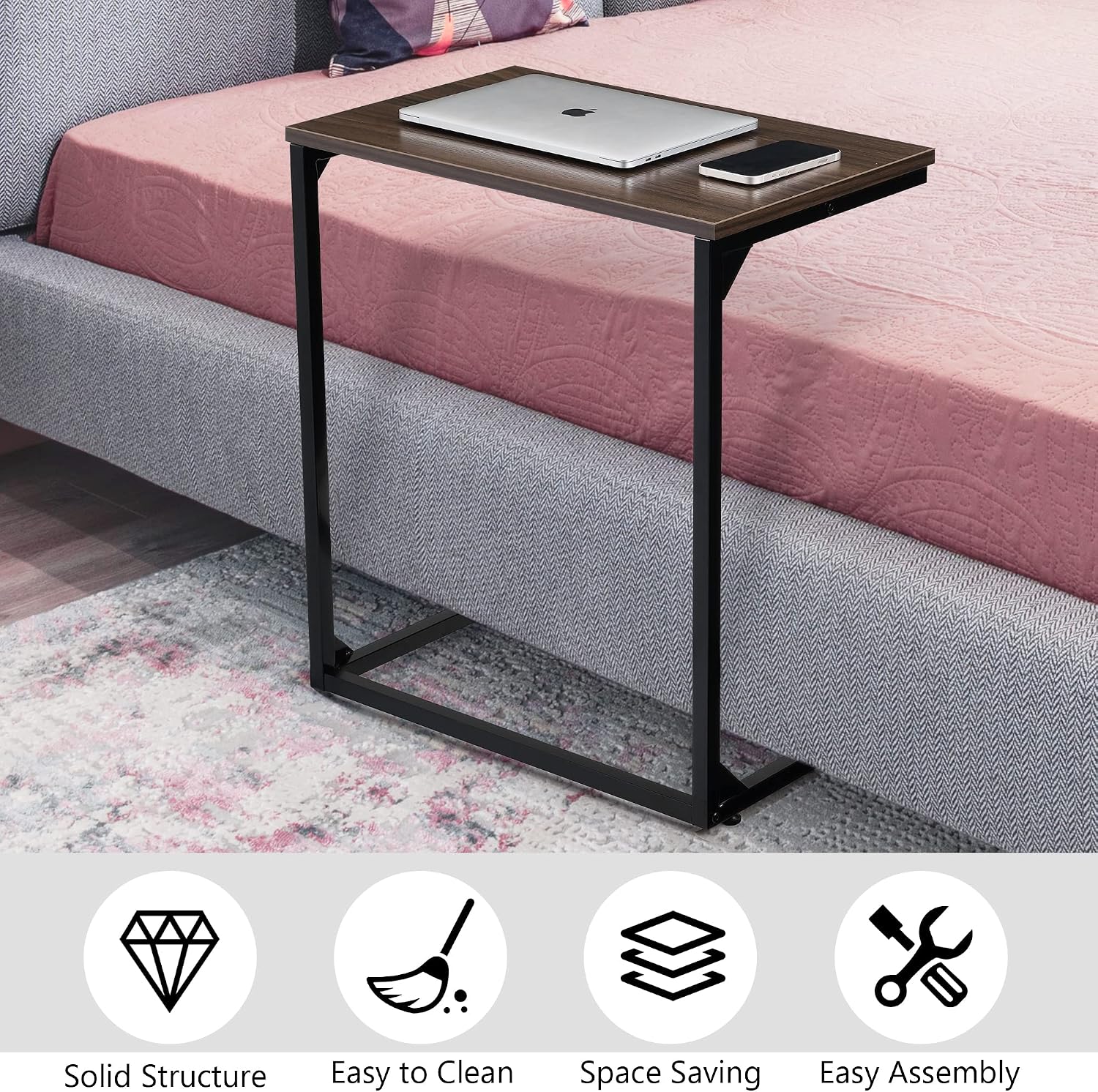 OLBRUS Sofa Side End Tables, C Table Coffee Snack Couch Desk Tray Stand, Laptop Notebook Tablet PC Portable Bed Sofa Side Table Workstation, Over Bed Table (Black Walnut)