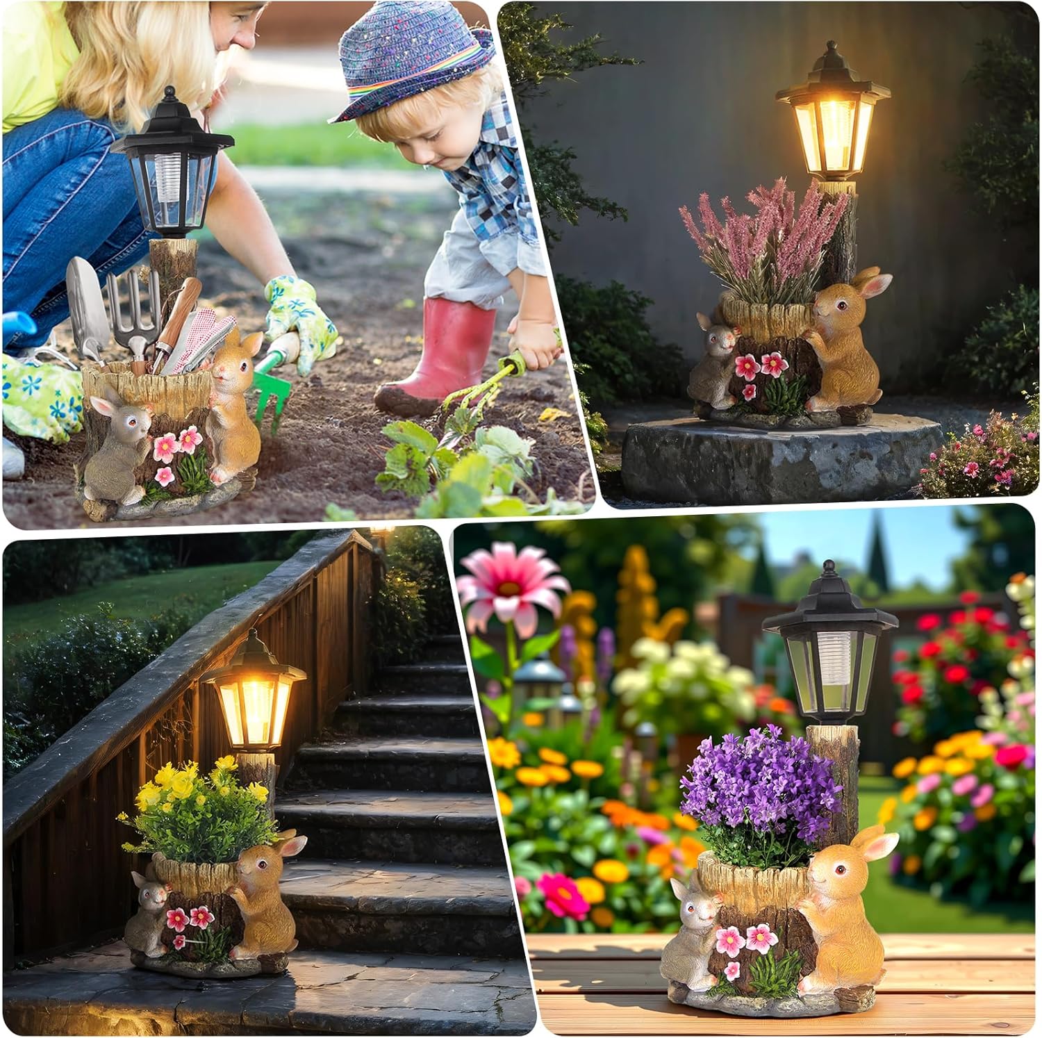Solar Bunny Garden Stalue Outdoor, Rabbits Figurine Flowerpot Decolwith Solar Lantem for Yard Art Lawn Ornaments Porch Patio Balcony - Gardening Gifts for Women Mom - Image 5