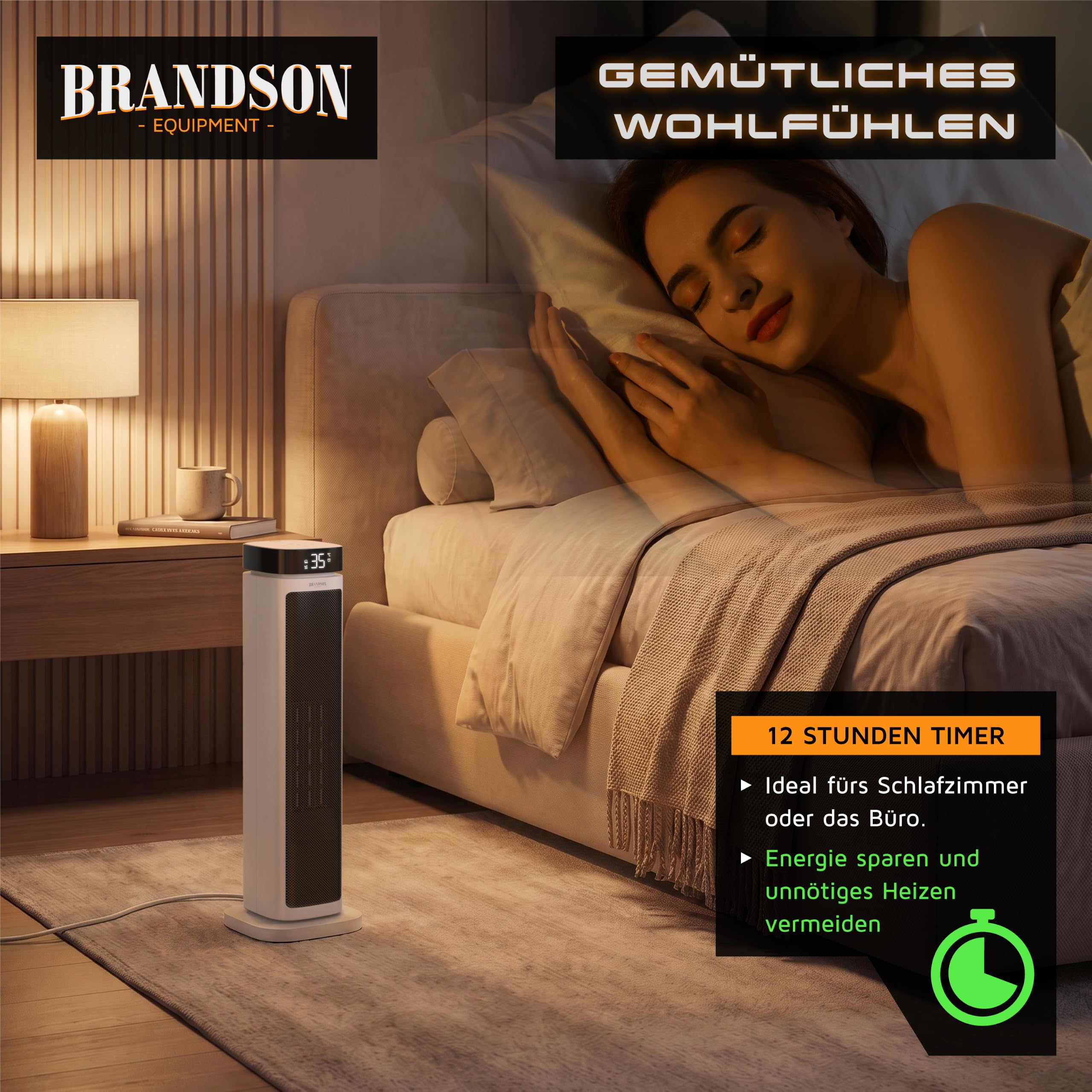 Brandson - Heizlüfter mit Fernbedienung - energiesparend ECO Modus – 2000 Watt Heater - mit Oszillation - 2 Heizstufen - Überhitzungs- und Umkippschutz - Badezimmer Schlafzimmer Baby Kinderzimmer