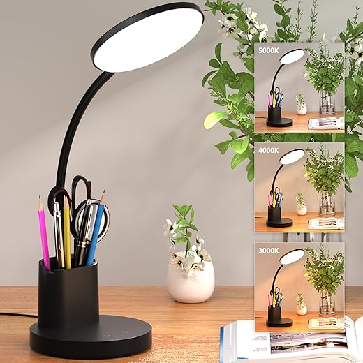Vicsoon Desk Lamp, LED Desk Lamp for Home Office, Touch Table Lamp with 3 Color Modes 360° Adjustable Arm, Dimmable Desk Light with Pen Phone Holder, Black