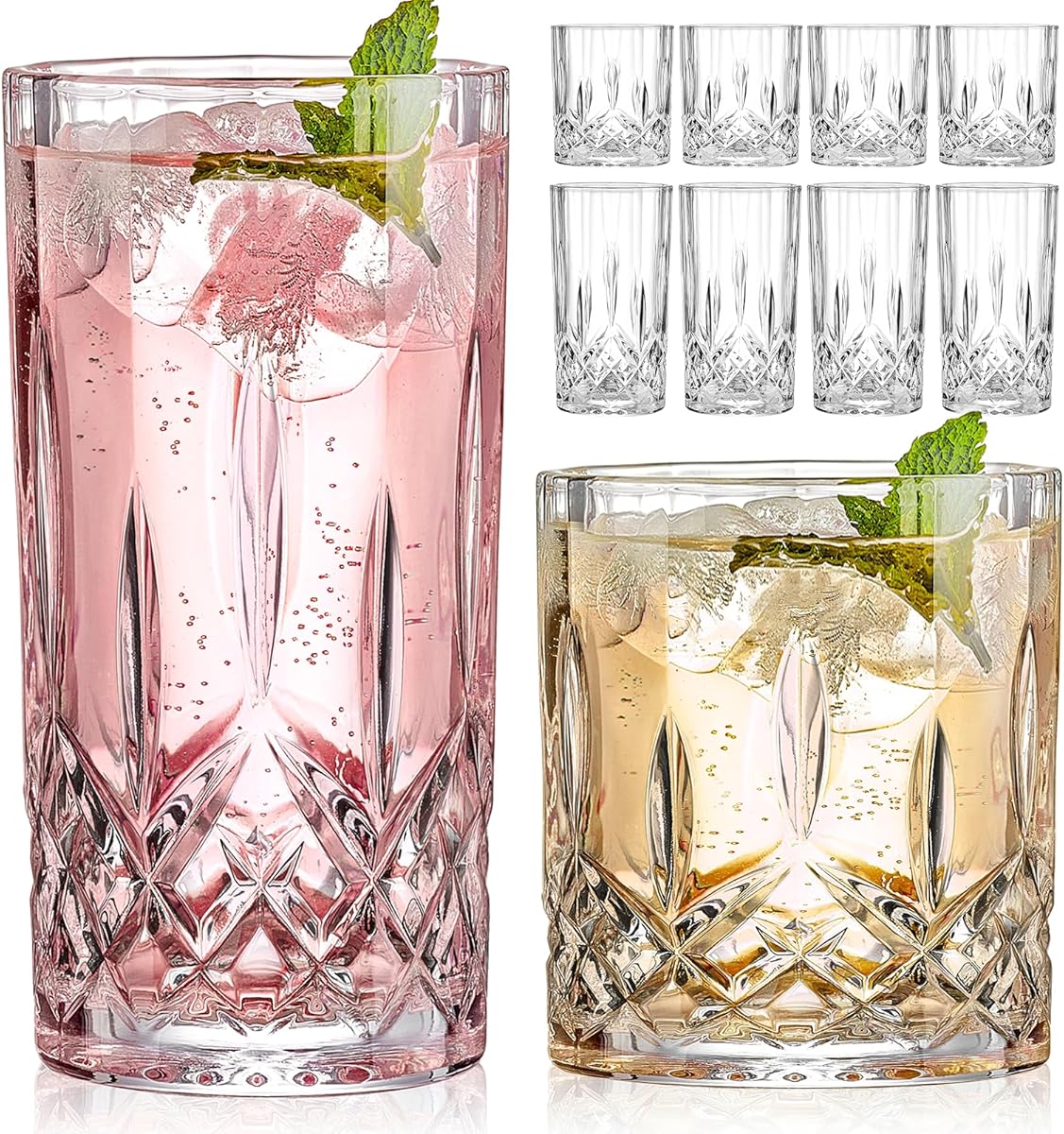 Qipecedm Drinking Glasses, 8 Piece Crystal Glass Cups, Mixed Glassware Set, 4 pcs Crystal Old Fashioned 11oz Highballs and 4 pcs 11oz Whiskey Glasses, Great for Cocktail, Whisky and other Beverages