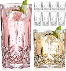 Qipecedm Drinking Glasses, 8 Piece Crystal Glass Cups, Mixed Glassware Set, 4 pcs Crystal Old Fashioned 11oz Highballs and 4 pcs 11oz Whiskey Glasses, Great for Cocktail, Whisky and other Beverages