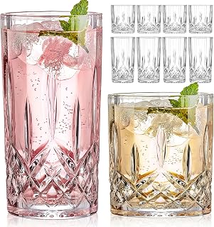Qipecedm 8-Piece Crystal Glassware Set: 4x 11oz Highball Glasses + 4x Rocks Glasses for Whiskey, Cocktails & Beverages