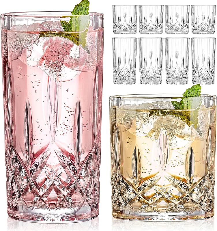 Qipecedm Drinking Glasses, 8 Piece Crystal Glass Cups, Mixed Glassware Set, 4 pcs Crystal Old Fashioned 11oz Highballs and 4 pcs 11oz Whiskey Glasses, Great for Cocktail, Whisky and other Beverages
