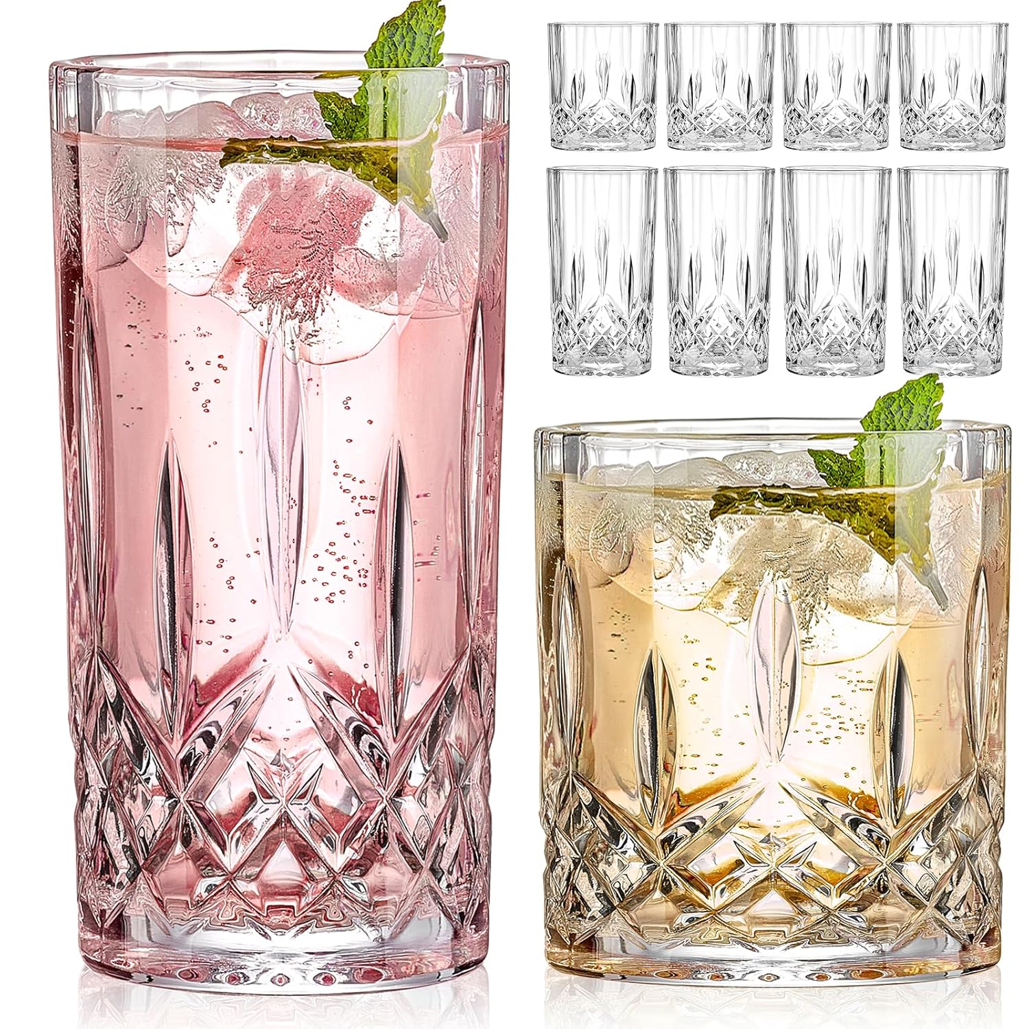 Drinking Glasses 8 Piece Crystal Glass Cups Mixed Glassware Set 4 pcs Crystal Old Fashioned 11oz Highballs and