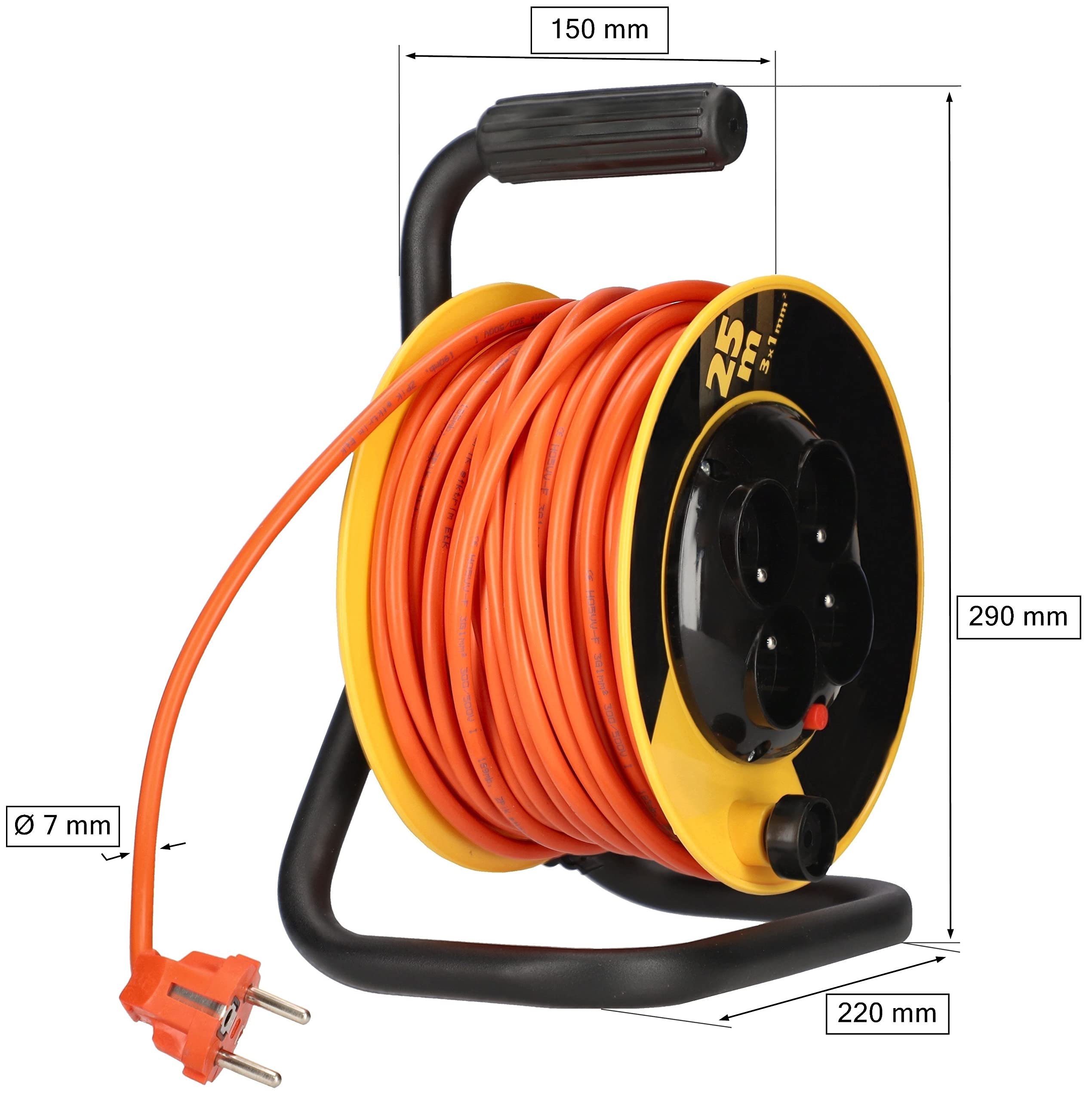 KOTARBAU® Avvolgicavo di prolunga 25 m, 3 x 1 mm2, tamburo con protezione dal calore, 4 livelli di messa a terra, utile per ogni casa, proprietà, officina, cantiere o appartamento