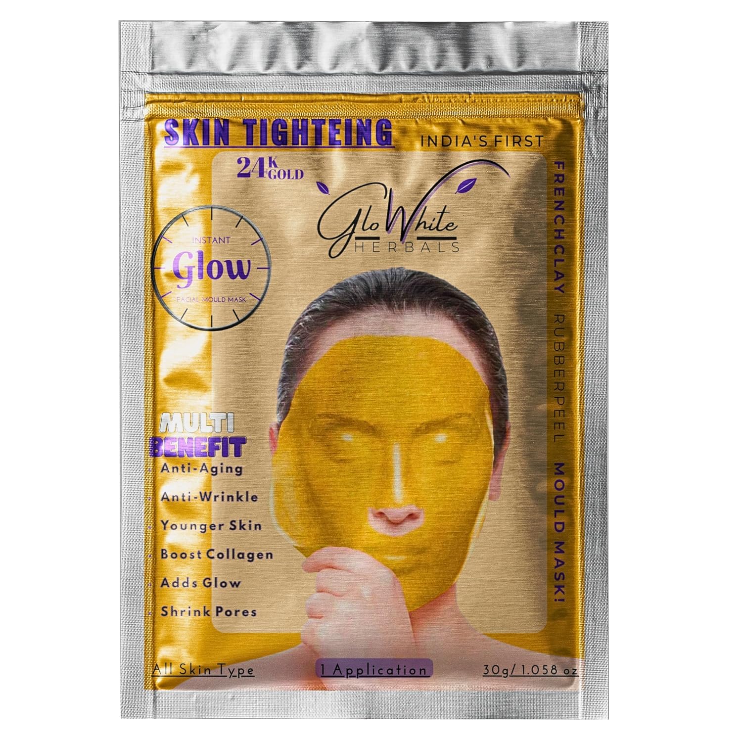 GloWhite Herbals Skin Tightening French Clay Rubber Masks With 24k Gold Dust | For Anti-Aging, Skin Tightening, Instant Radiance & Glow | Peel-off Mould Mask |
