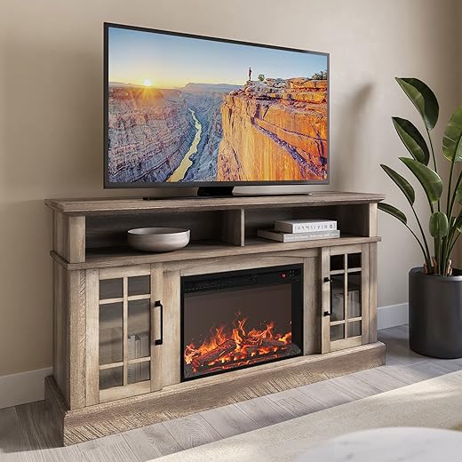 BELLEZE Traditional 58" Rustic TV Stand with 23" Electric Fireplace Heater with Sound, Media Entertainment Center Console Table for TV up to 65" with Open Storage Shelves and Cabinets - Ashland Pine