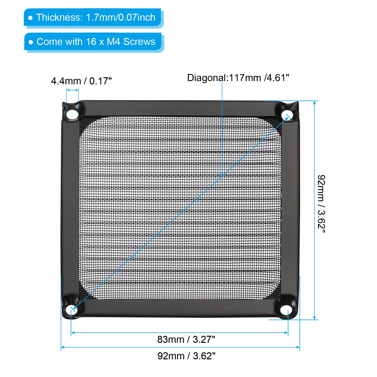 PATIKIL 92mm Ventilador Filtro Rejillas con Tornillos, 4 Paquete Aluminio Marco Inoxidable Acero Malla Polvo Prueba Cubierta para Computadora Estuche, Negro
