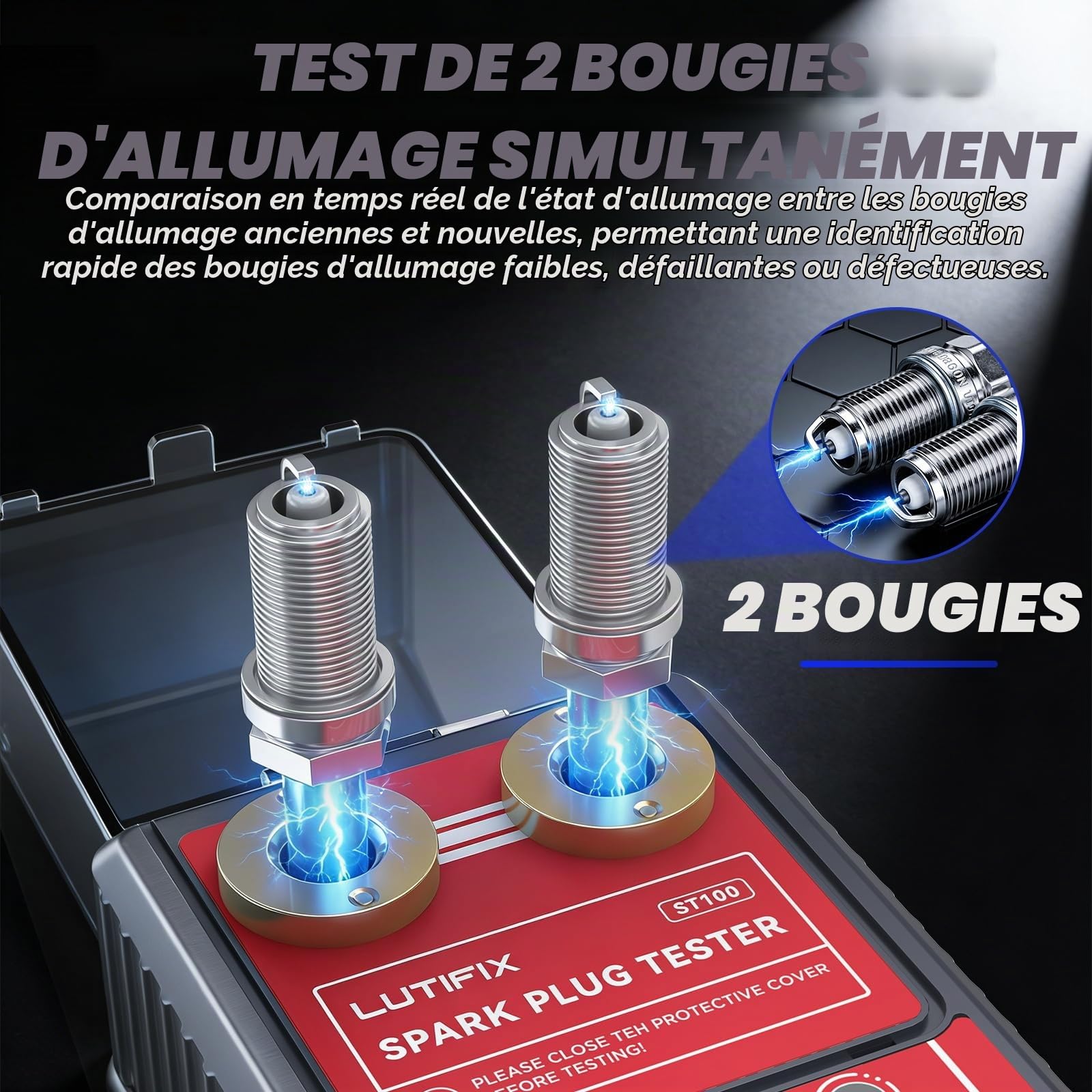 MRCARTOOL Testeur de Bougie d'allumage de Voiture Outils d'allumage à Deux Trous 500-6000 tr/min Outil de Diagnostic D'analyseur de Bougie avec Couvercle de Protection pour Véhicules 12V