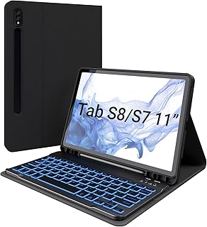 typecase Keyboard Case for Samsung Tab S8/Tab S7 11 inch (SM-X700/X706/T870/T875/T878), Slim Leather Folio Stand Cover, 7 Colors Backlit Wireless Detachable Keyboard with S Pen Holder (Black)