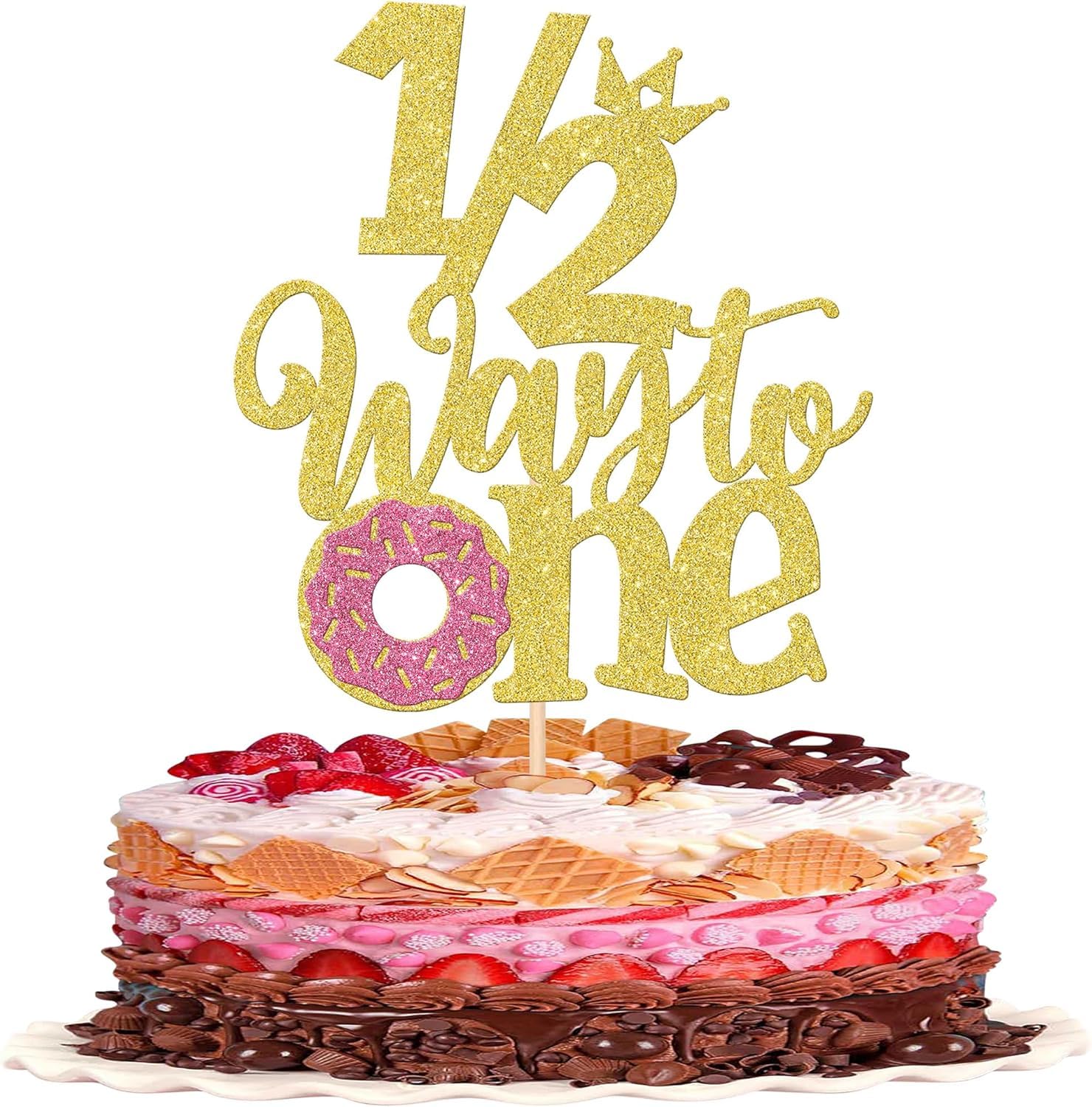 1 Stück Donut 1/2 Half Way to One Cake Topper Donut Baby Mädchen Tortendeko 1/2 Geburtstag Kuchen Deko für Baby Dusche Mädchen Halb Geburtstag Party Kuchen Dekorationen Gold Rosa