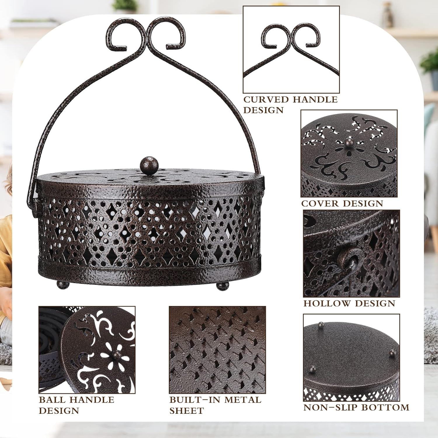 4 Pieces Mosquito Coil Holder Incense Coil Holder Round Retro Portable Metal Hanging Incense Burner with Handle for Home Camping Indoor Outdoor Patio(Bronze Color)