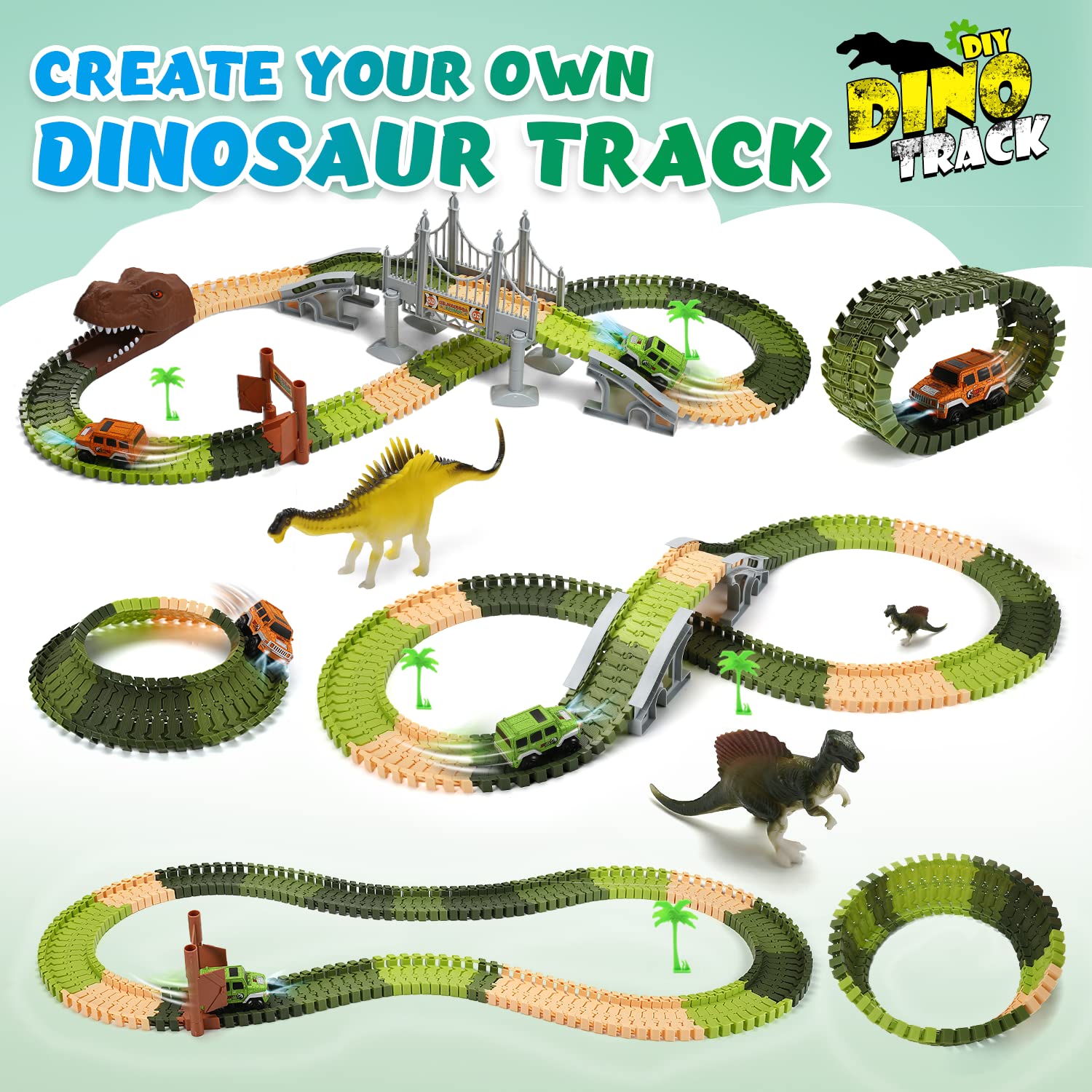 EagleStone 194 Pcs Dinosaur Race Car Tracks Set for Kids,Flexible Train