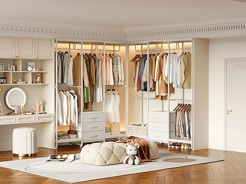 Miniatura 6 de Perchero resistente para colgar ropa, perchero independiente con 3 cajones de tela, estante de madera para armario, estantes ajustables para